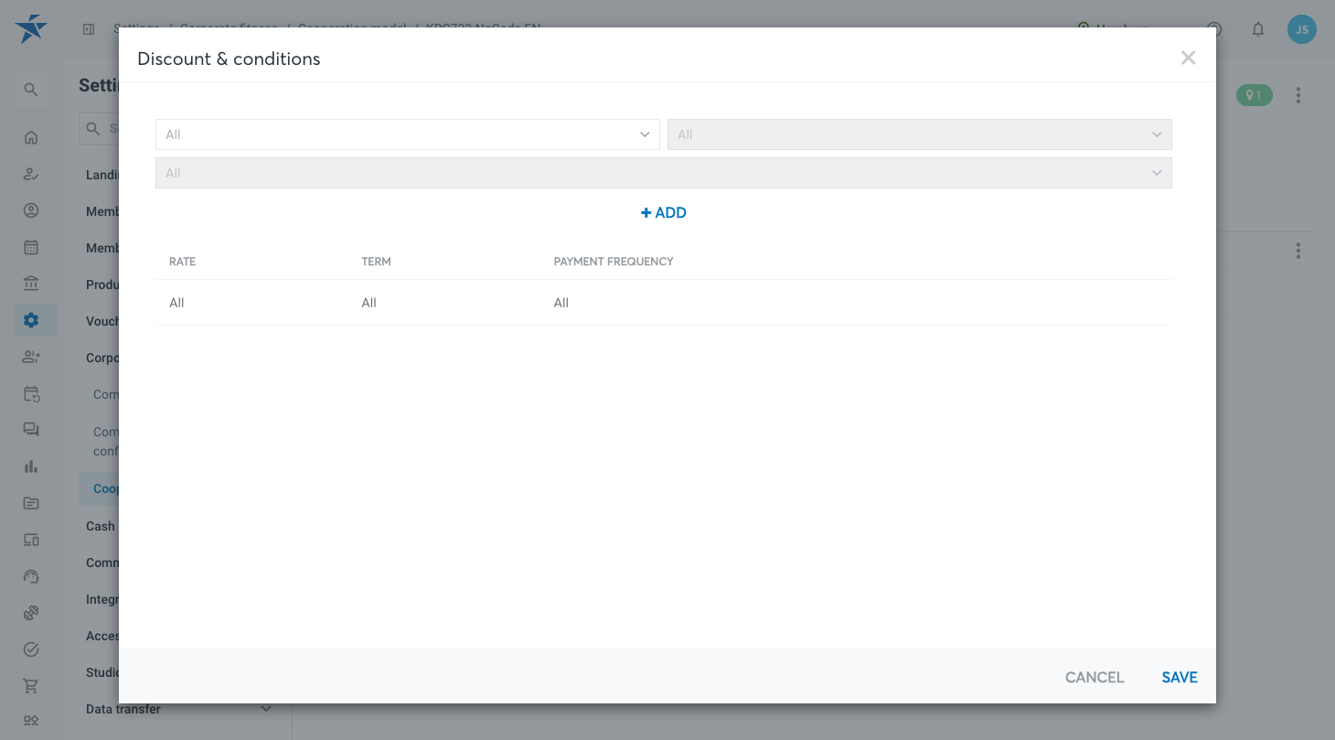 Diálogo para editar descuentos y condiciones con la lista de combinaciones