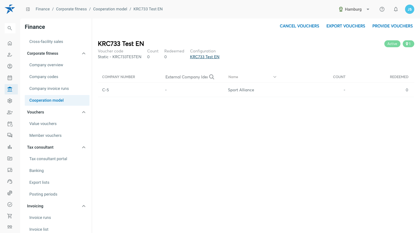 Finance view of the split with the Provide vouchers button