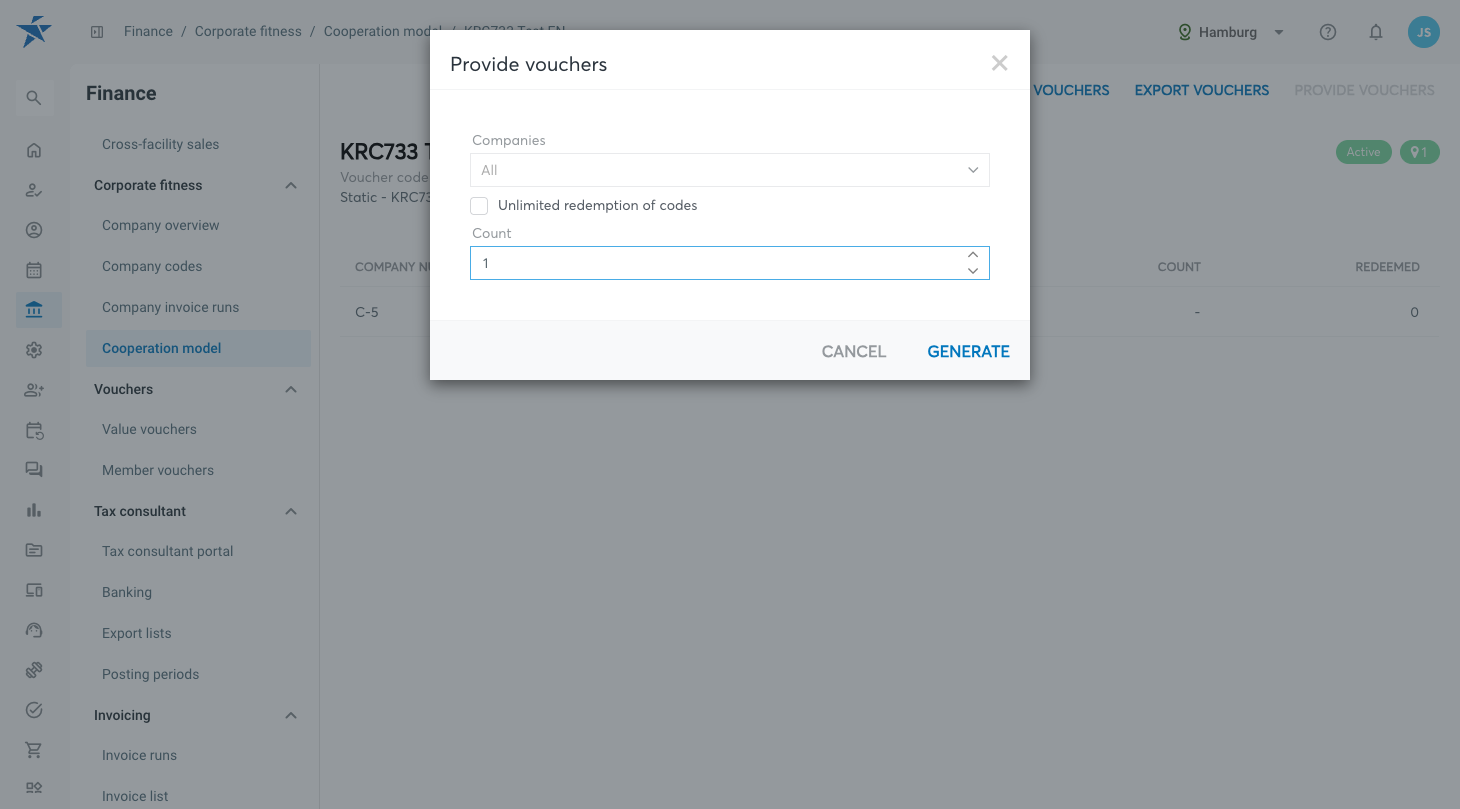 Provide vouchers dialog with an entered number before generating