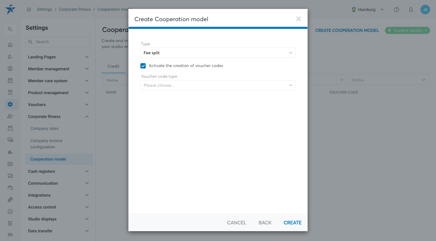 Selection of the type Fee split in the create dialog