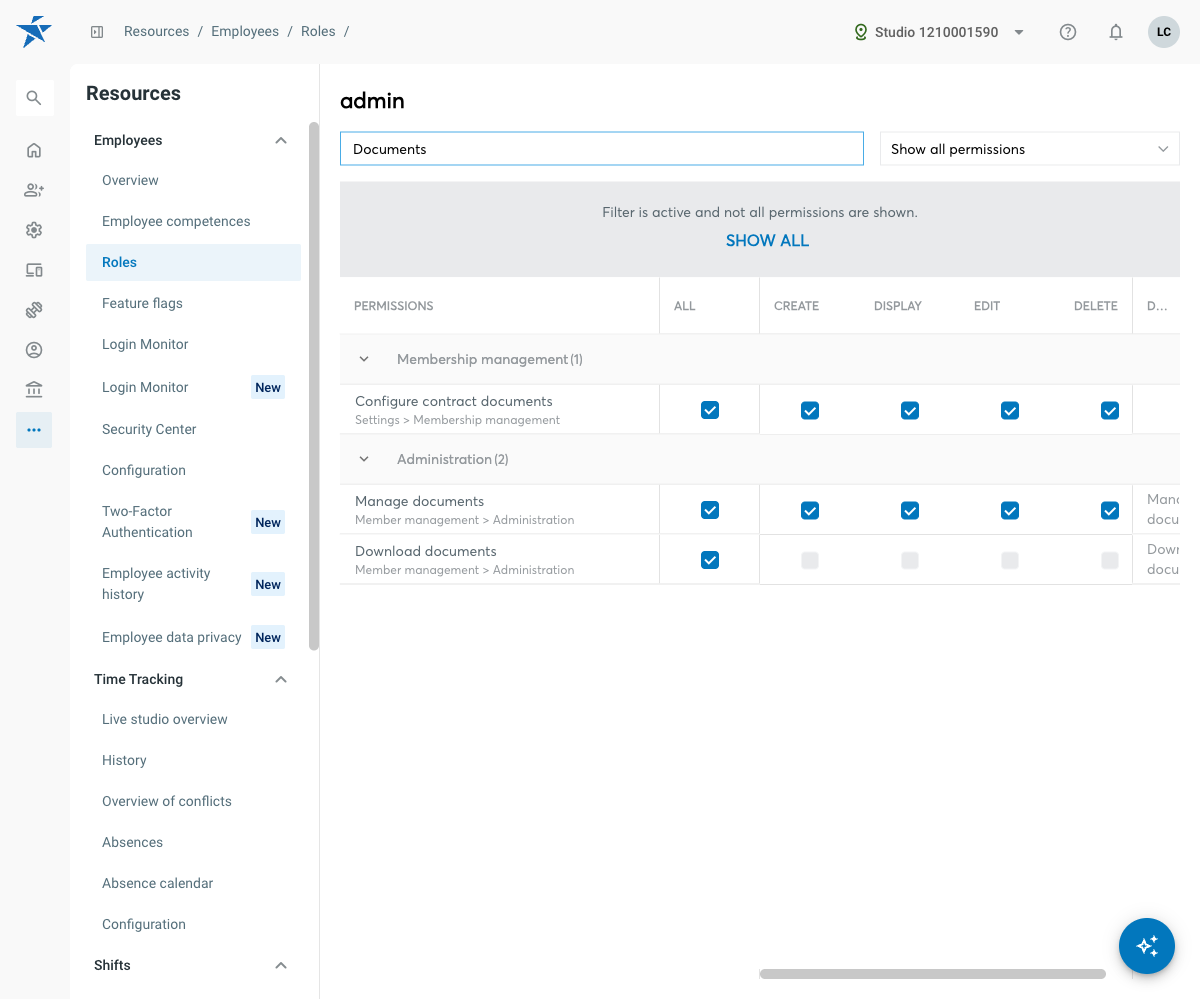 Editor de roles con los permisos Manage documents y Download documents en la categoría Member management / Administration