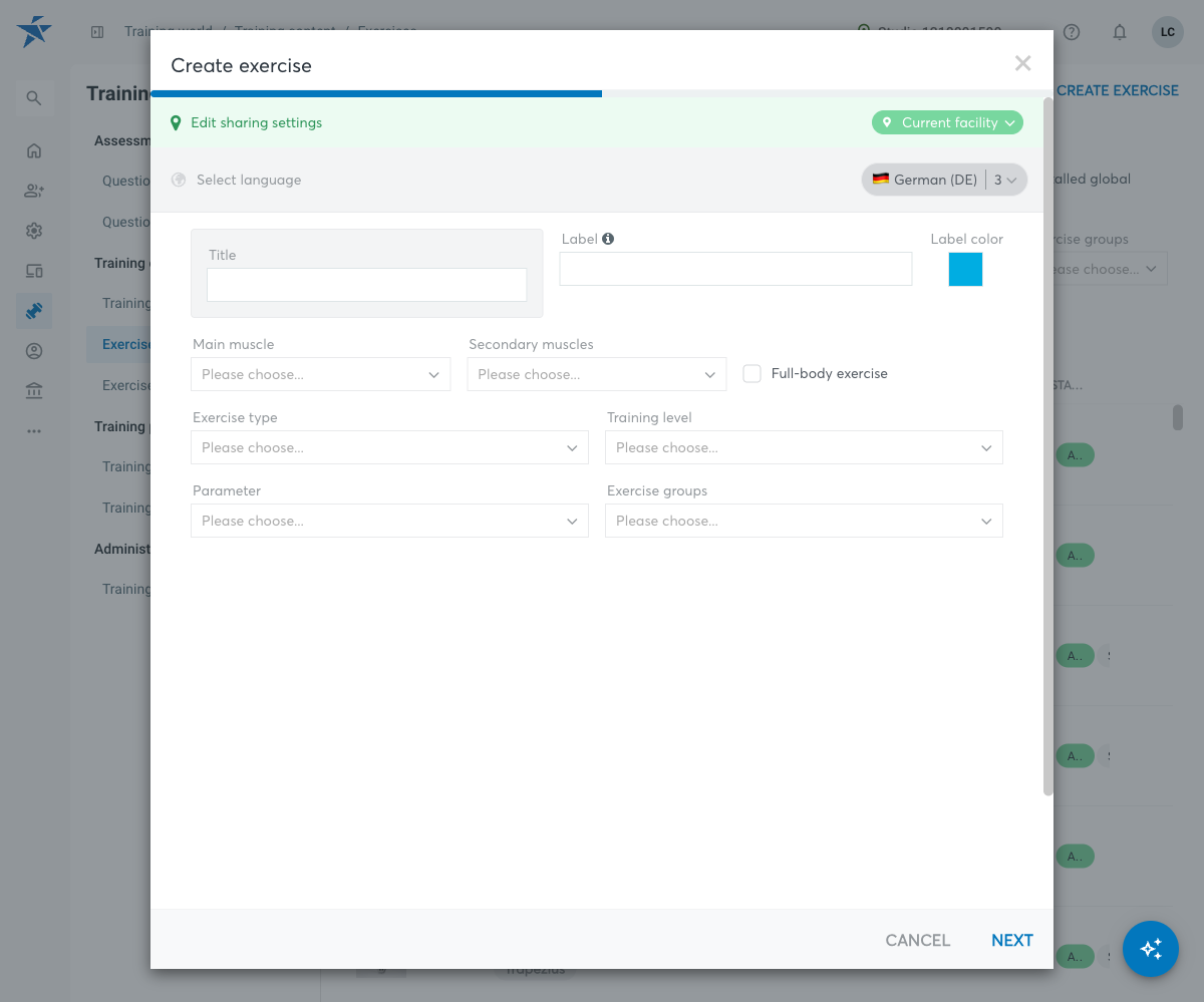 Dialog for creating an exercise