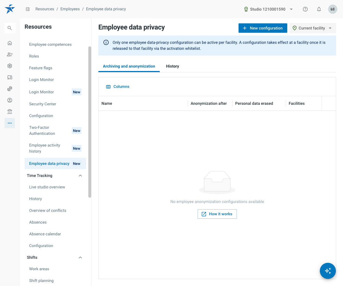 Employee data privacy page with the list of anonymization configurations