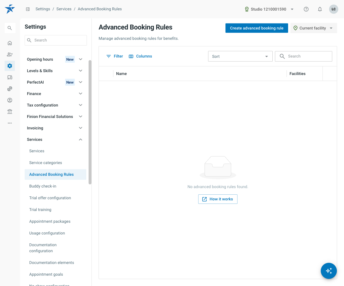 Overview list of configurations under Settings / Services / Advanced Booking Rules