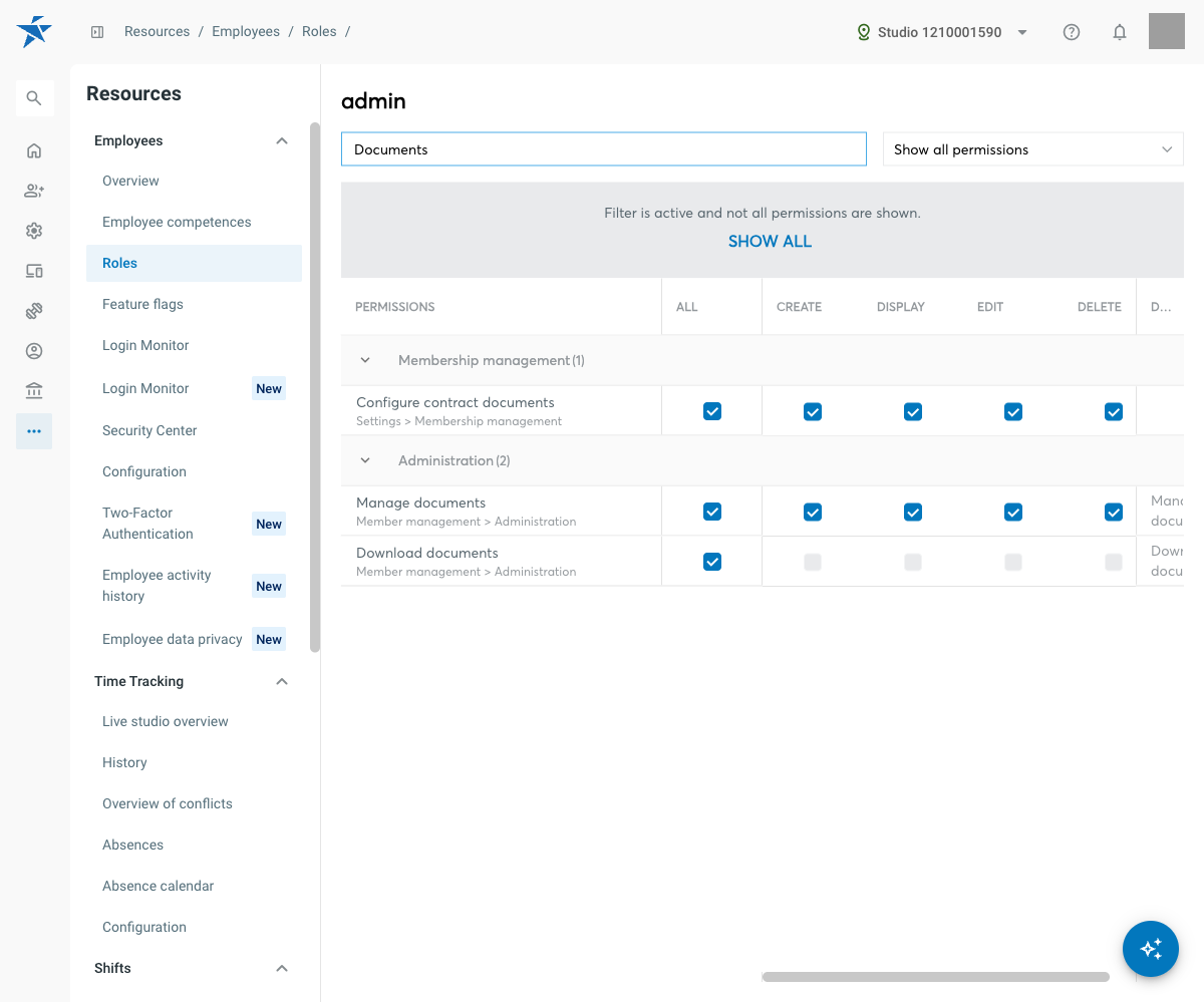 Role editor with the permissions Manage documents and Download documents in the category Member management / Administration