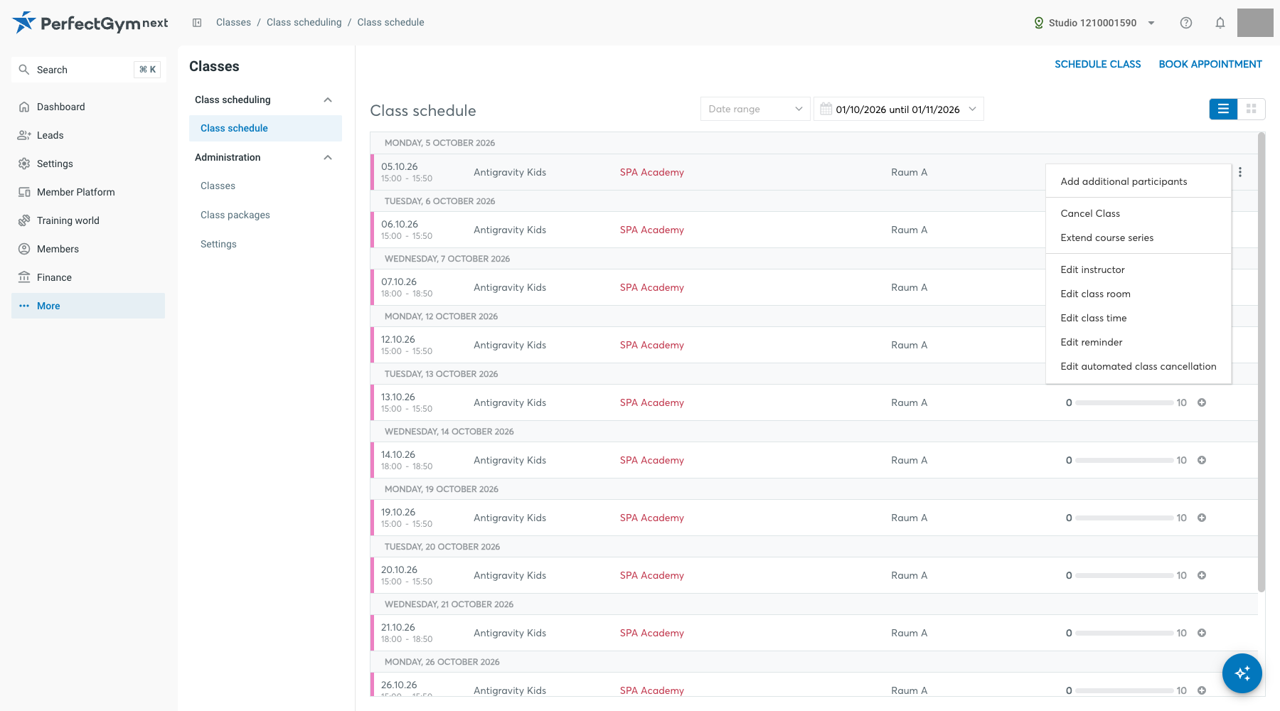 Class schedule list view with the three-dot menu of a recurring appointment open and Extend course series visible