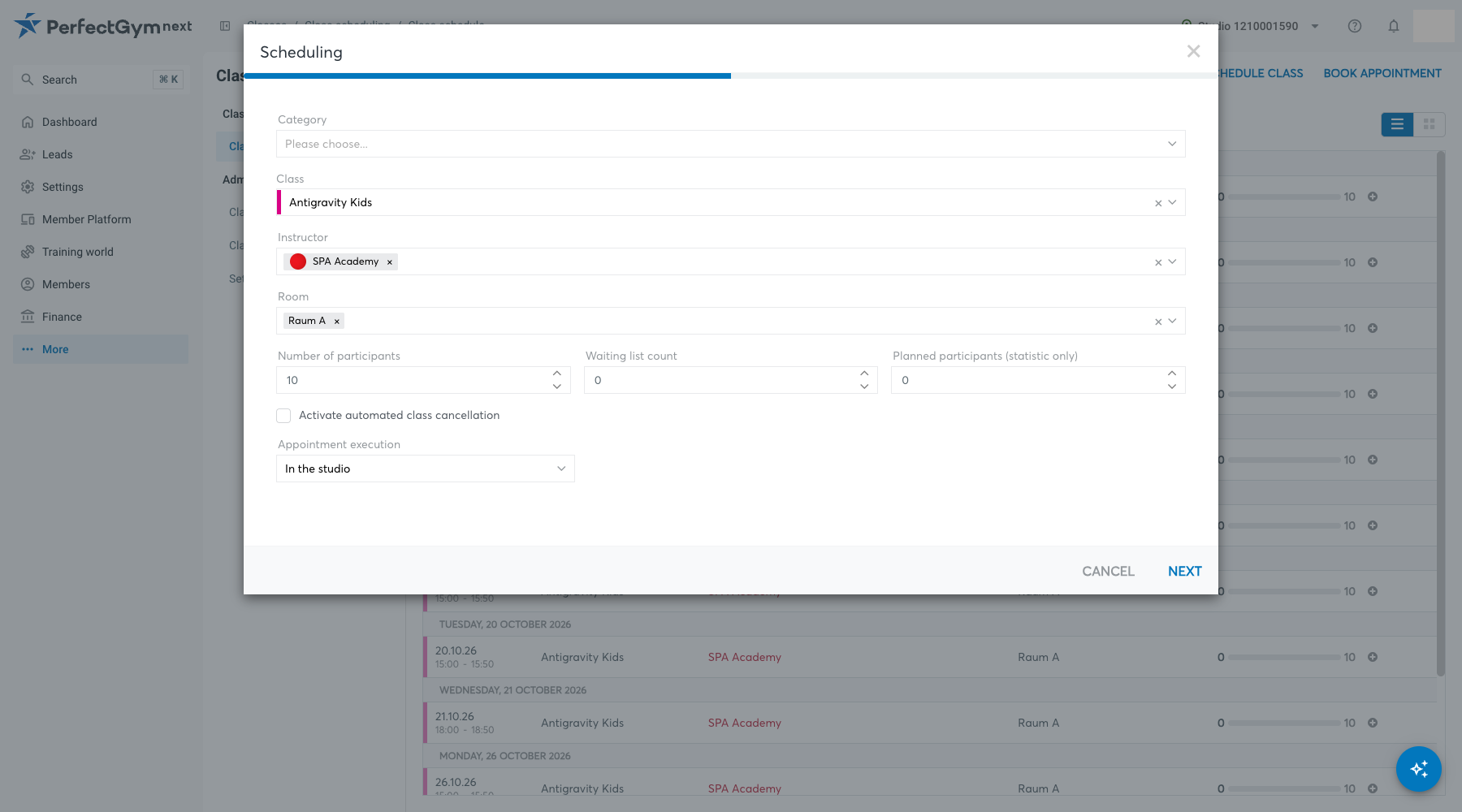 Scheduling dialog, first step, with prefilled class, instructor, room and appointment execution