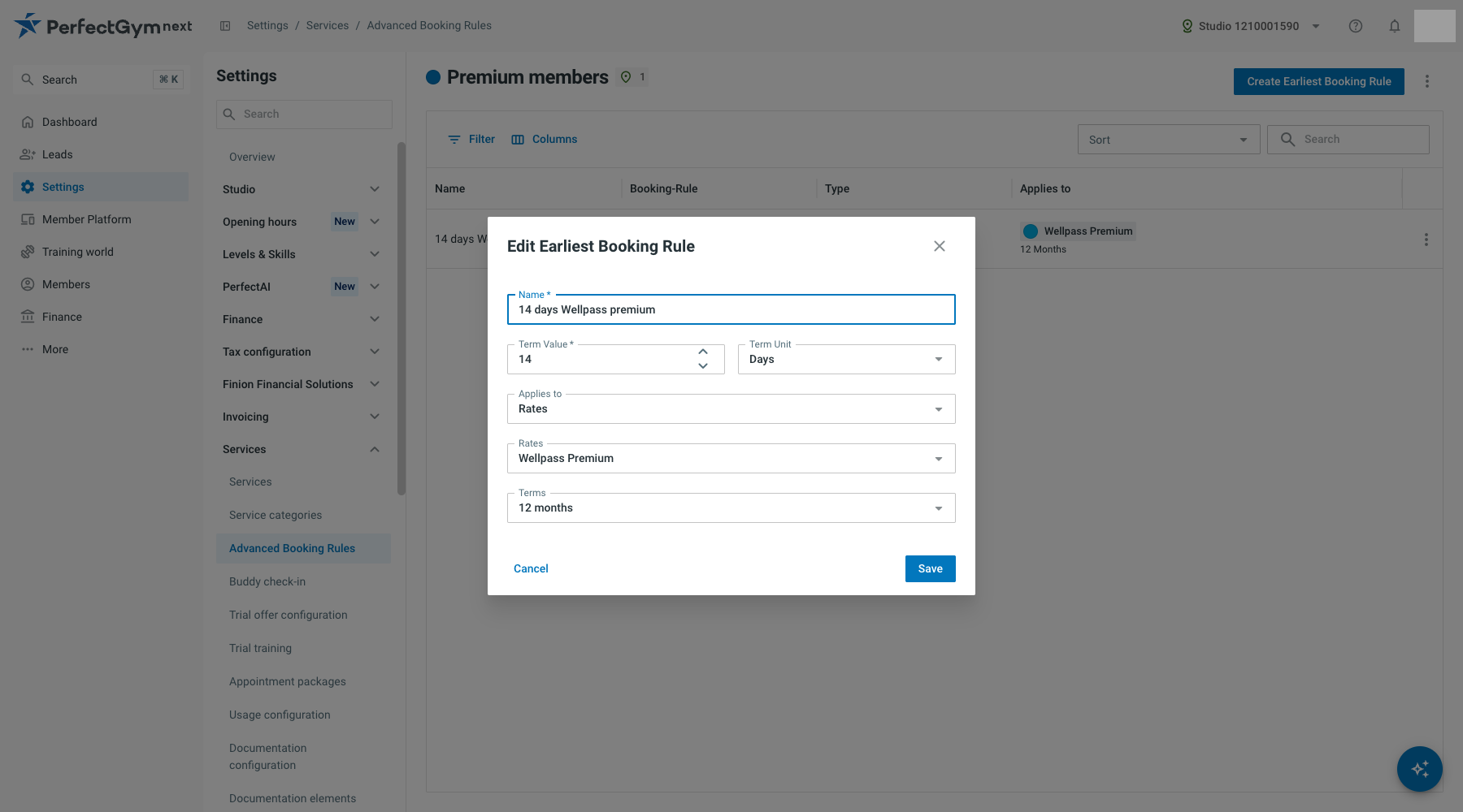 Edit Earliest Booking Rule dialog with name, term value and unit, and Applies to