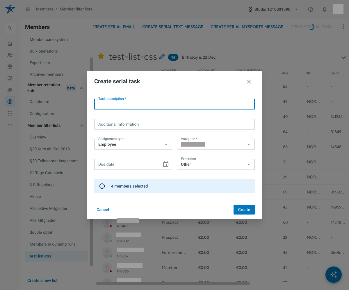 Create serial task dialog with the number of selected members
