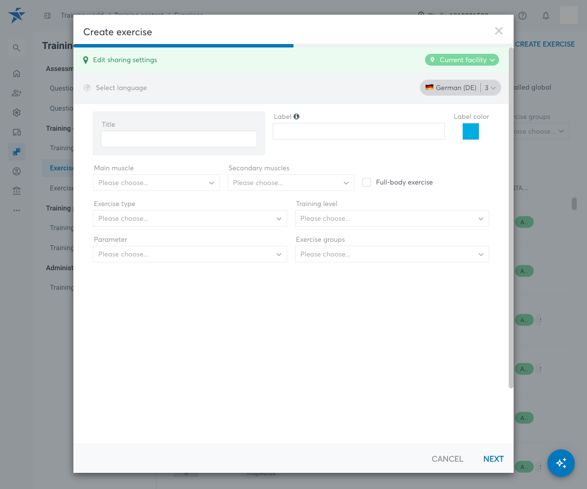 Dialog for creating an exercise