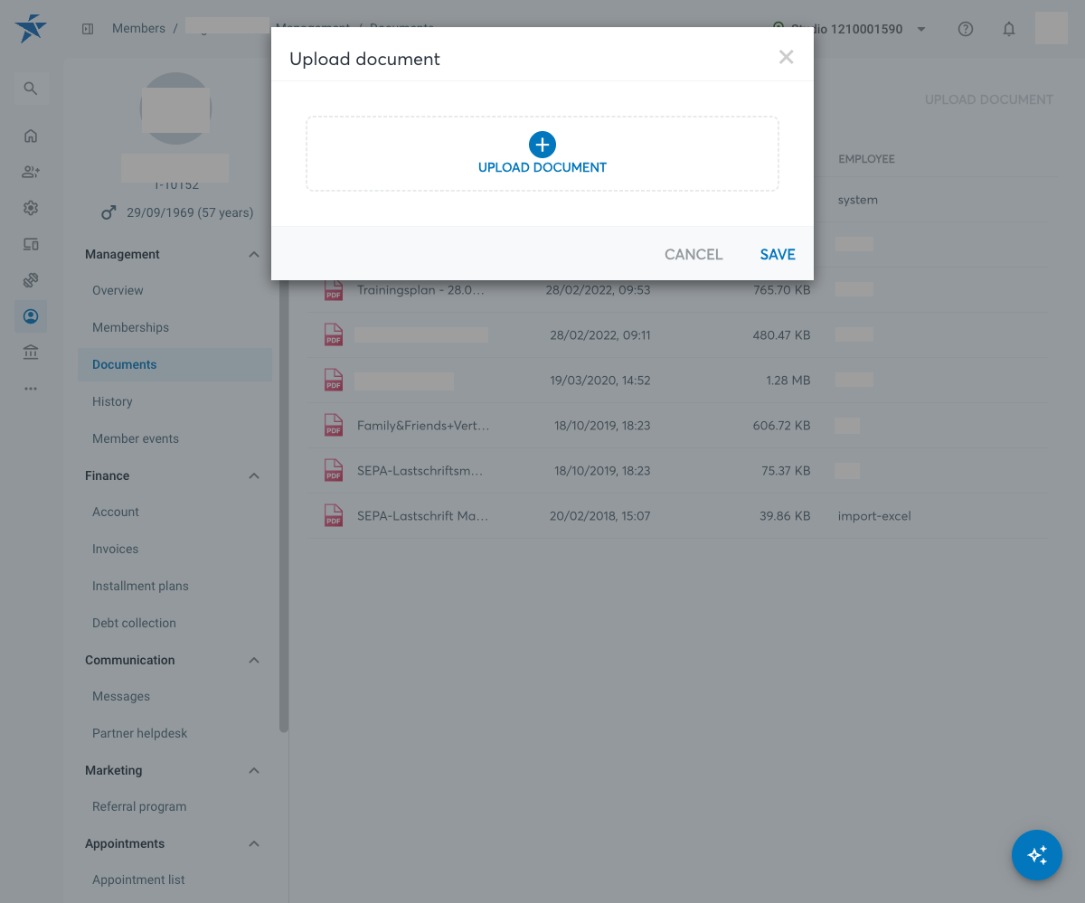 Botón para cargar un documento en la sección de documentos de un miembro