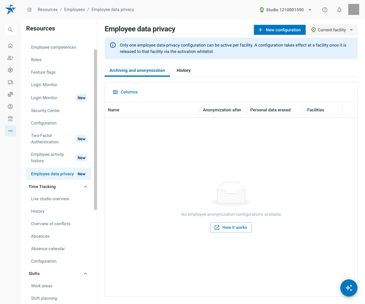 Employee data privacy page with the list of anonymization configurations