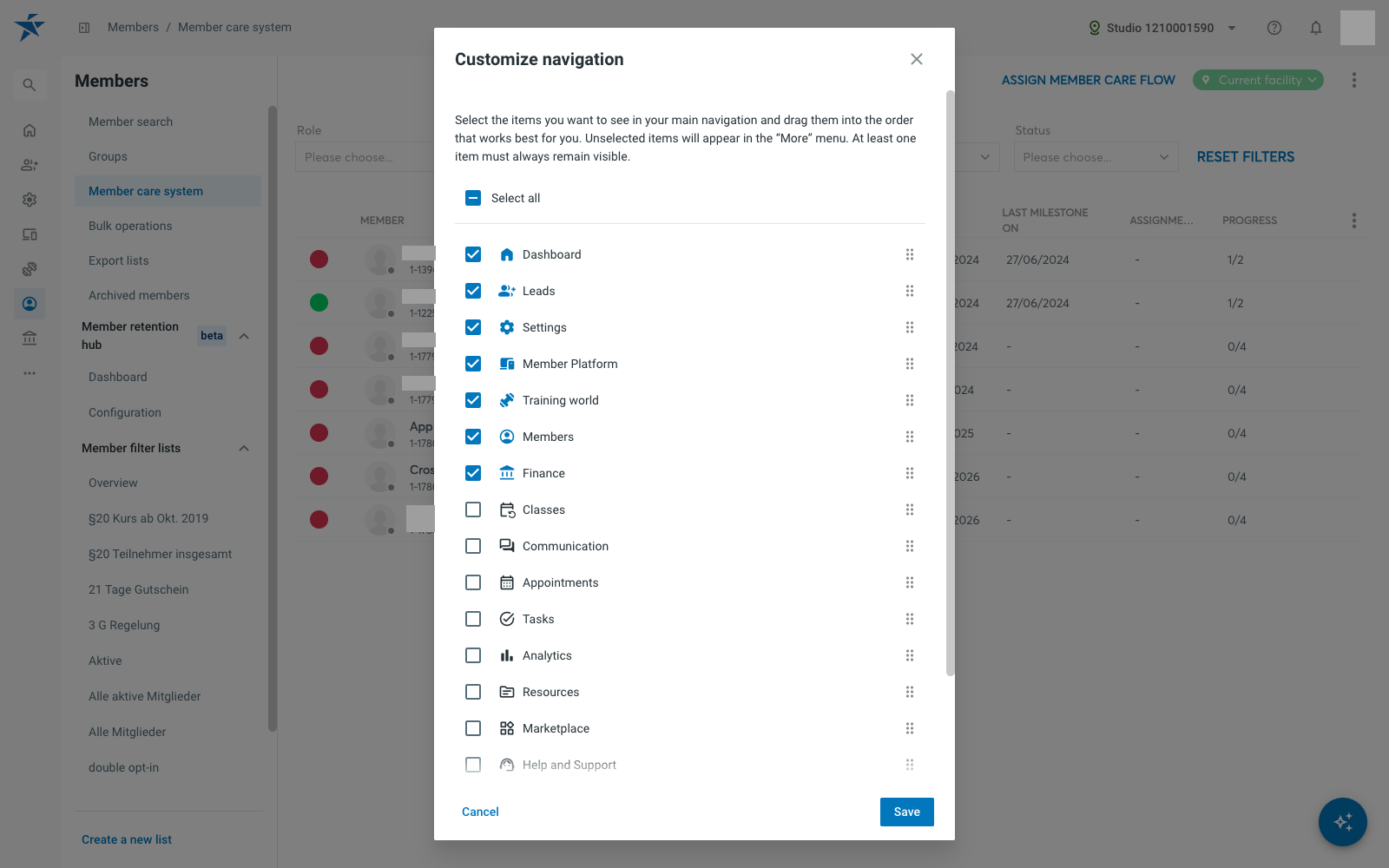 Customize navigation dialog with the menu-item checkboxes, Select all, drag handles and the Save button