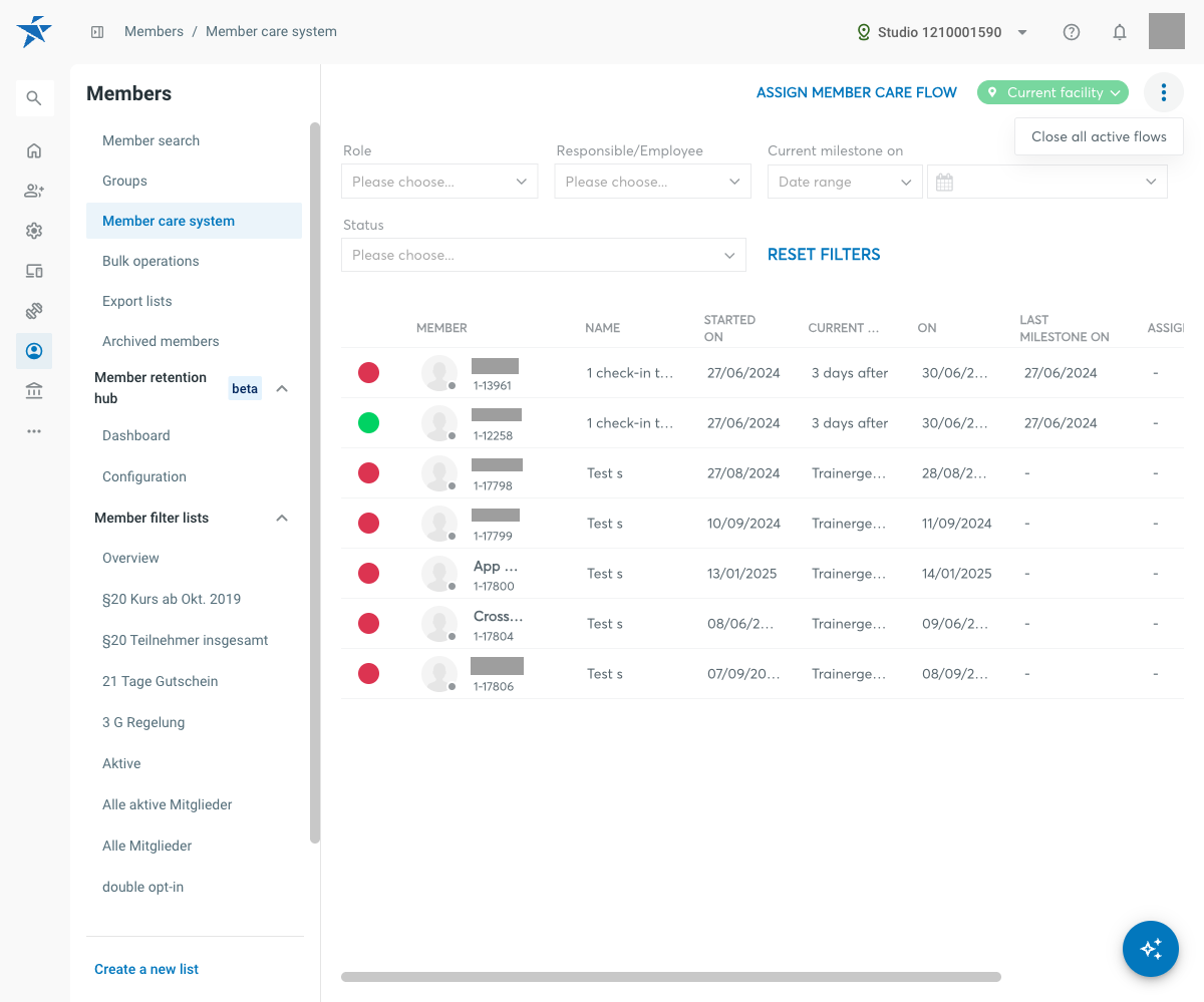 Member care system overview with active flows in the list and the options menu open, showing the entry Close all active flows