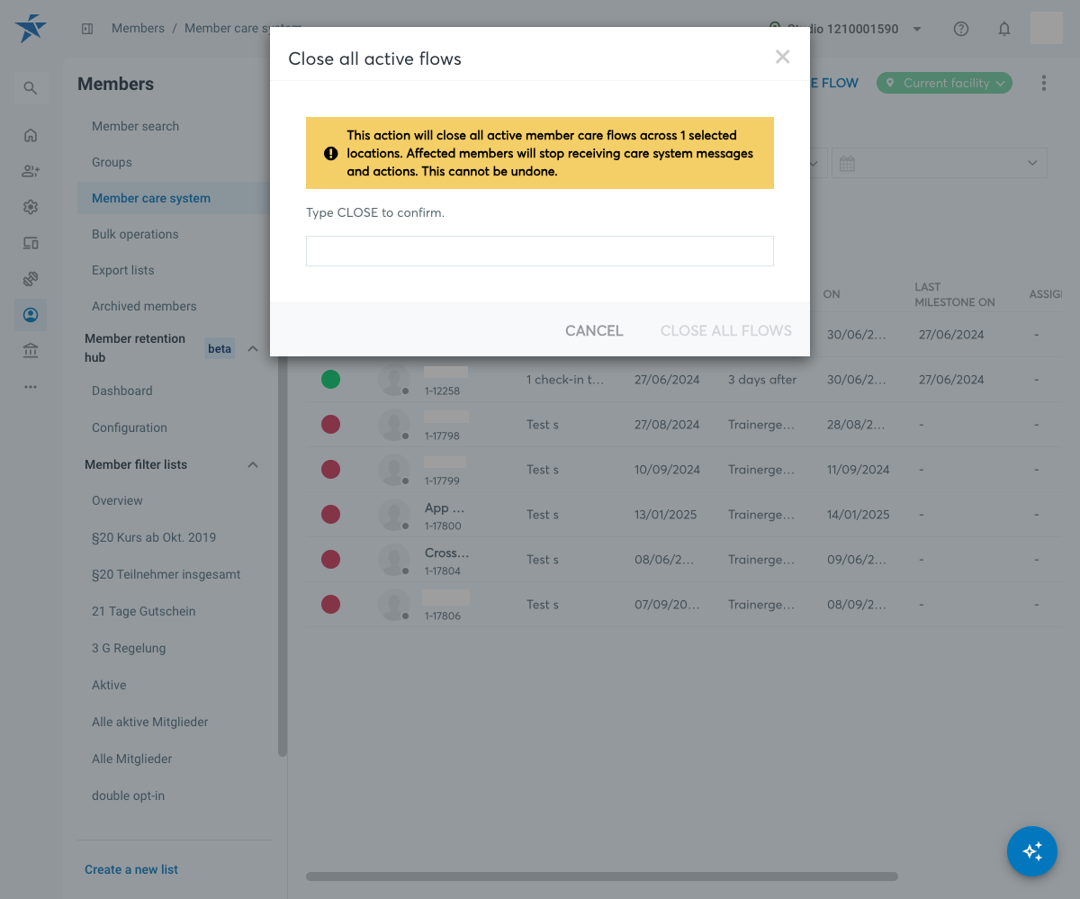 Confirmation dialog Close all active flows with the warning, the input field Type CLOSE to confirm and the button Close all flows