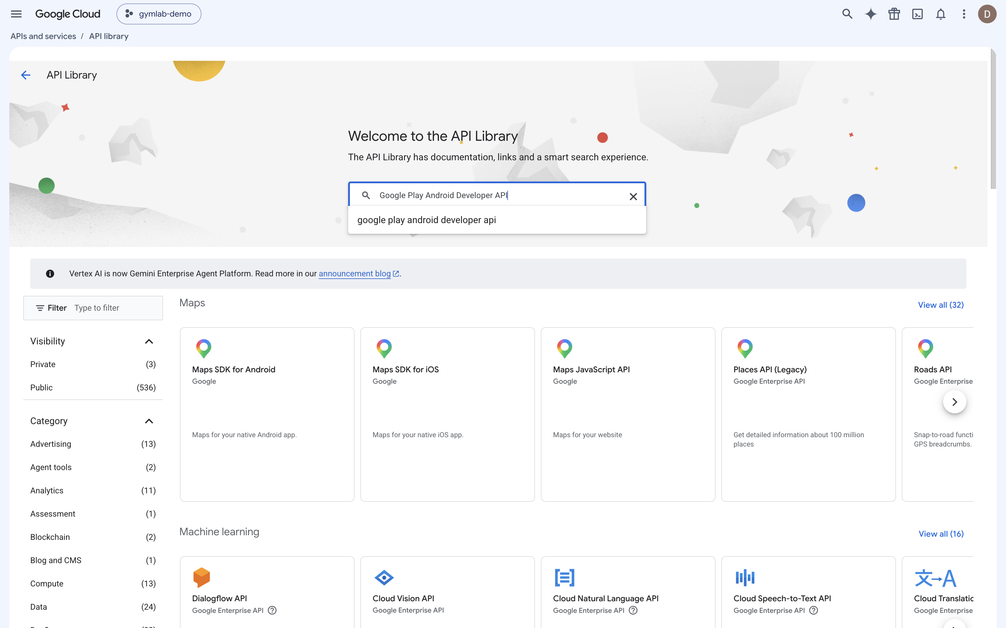 Búsqueda del término Google Play Android Developer API en la biblioteca de APIs
