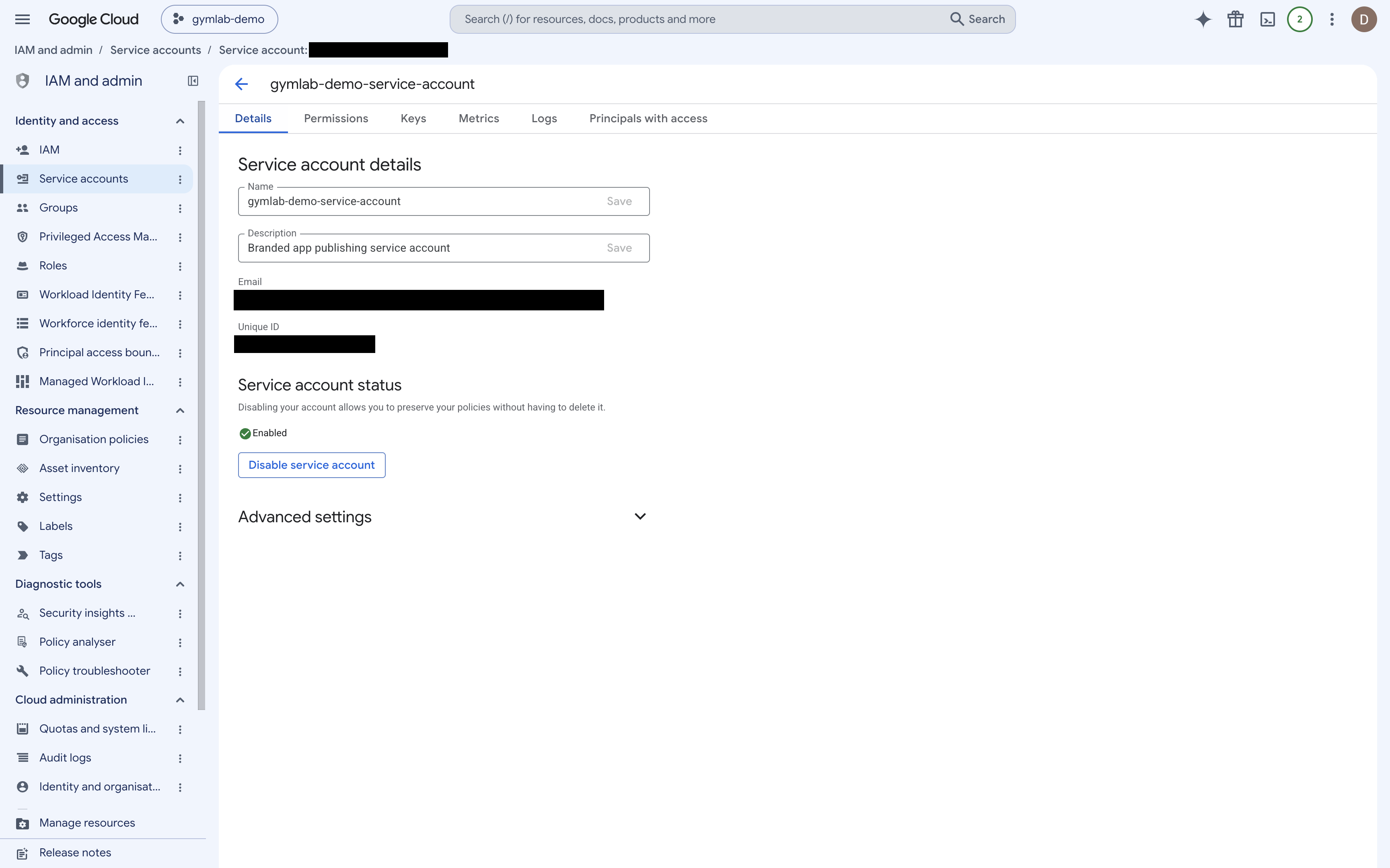 Dirección de correo de la cuenta de servicio copiada desde la Google Cloud Console