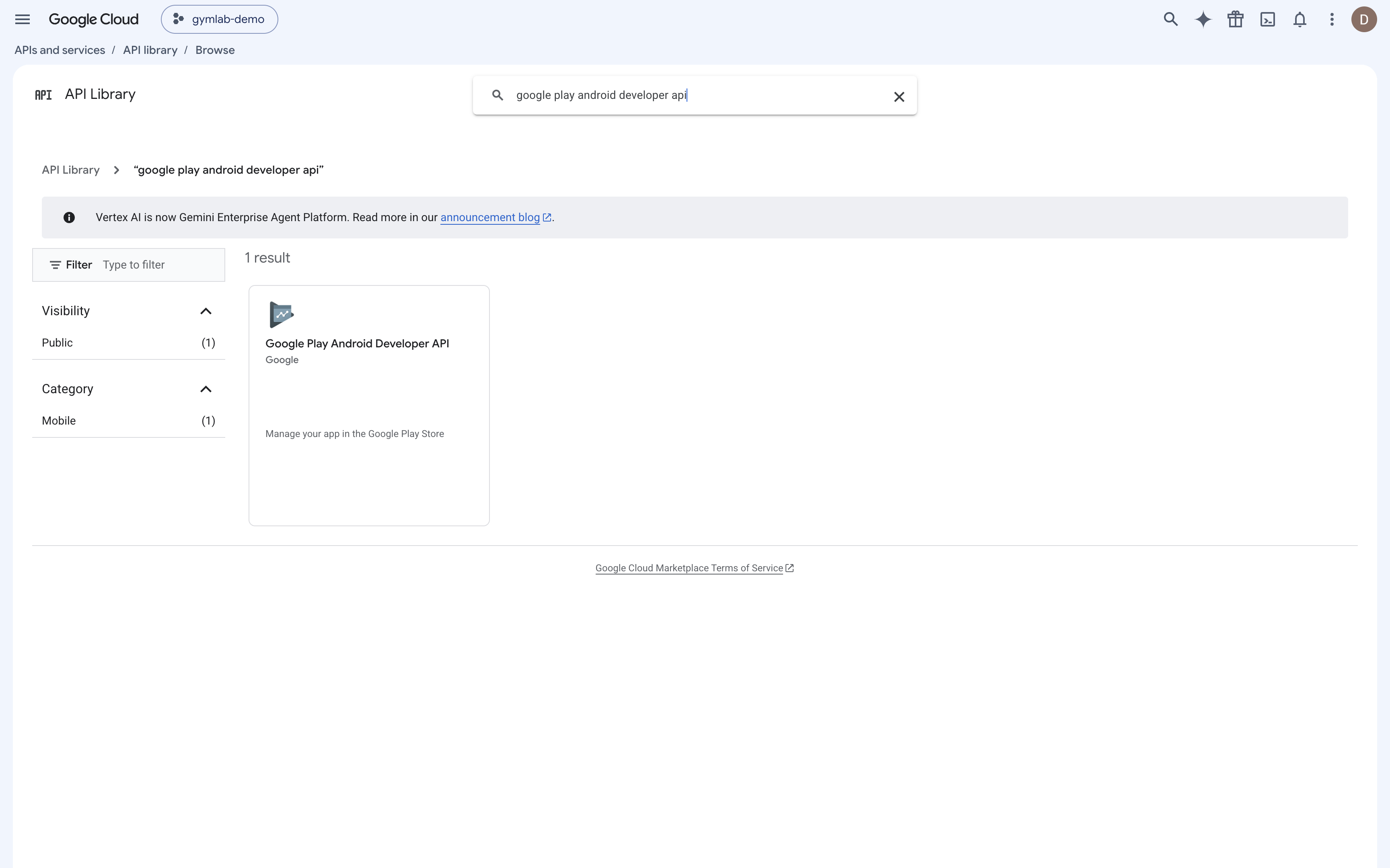 Resultado de la búsqueda con la Google Play Android Developer API seleccionada