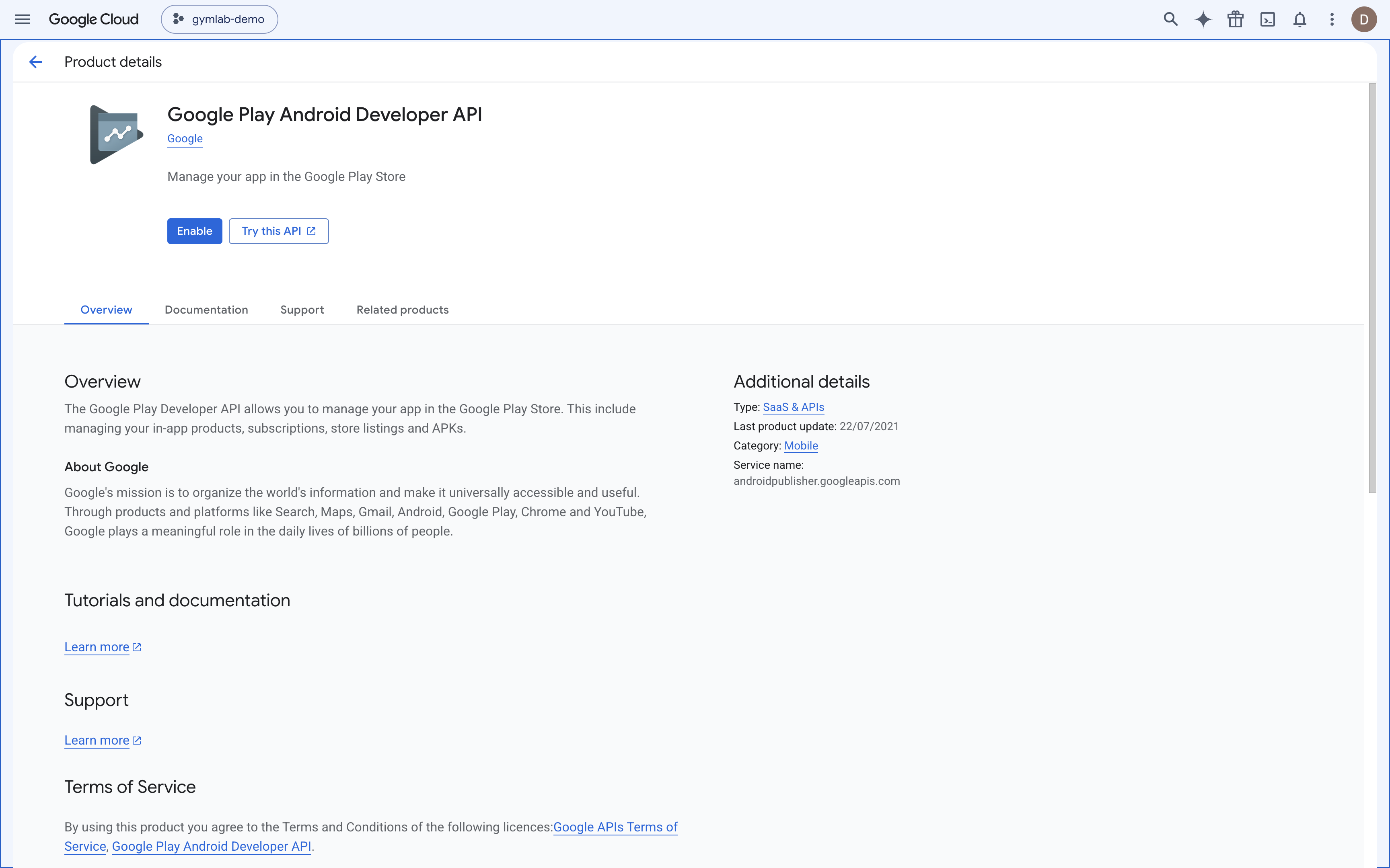 Página de la Google Play Android Developer API con el botón ENABLE