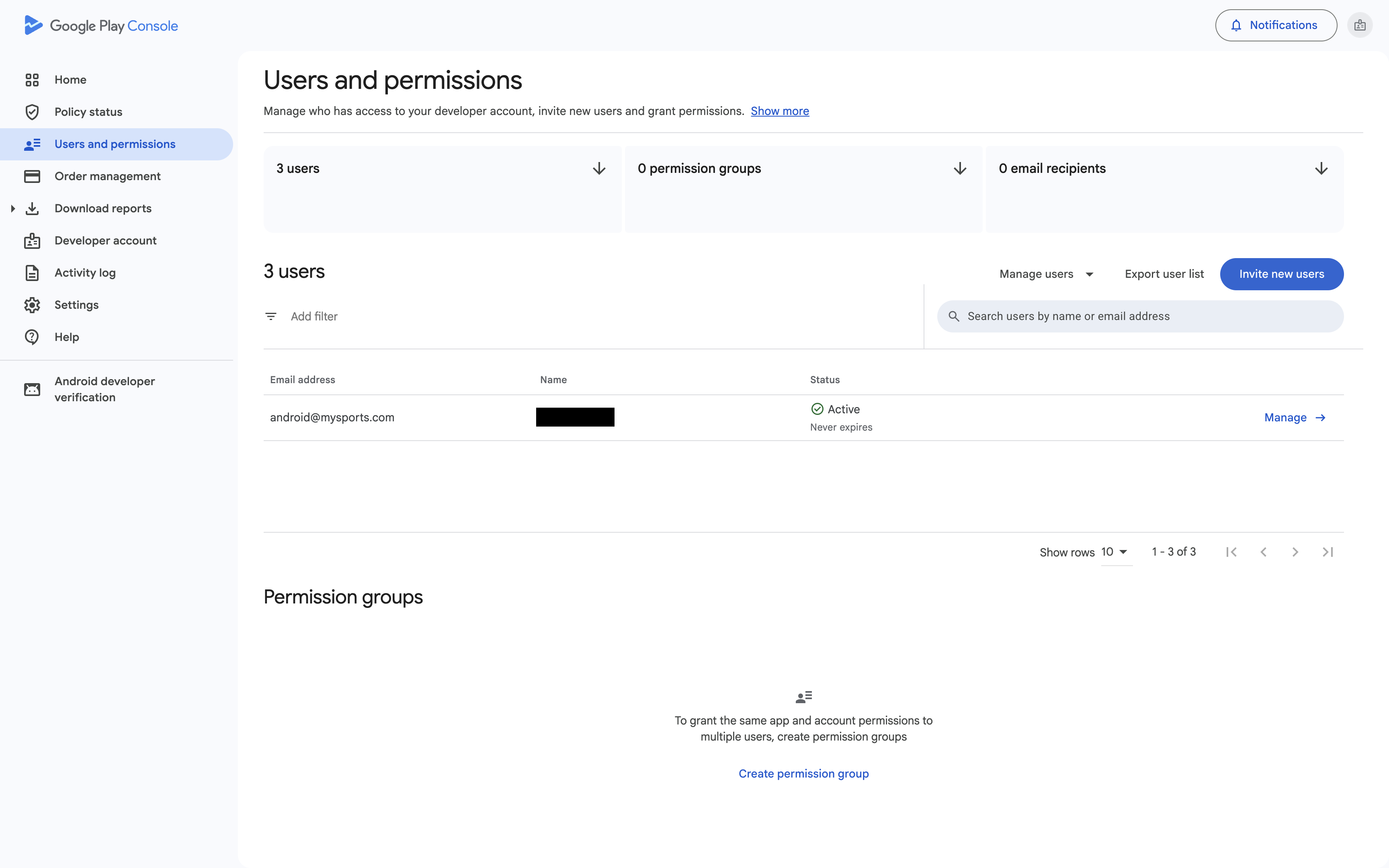 Área Users and permissions de la Google Play Console
