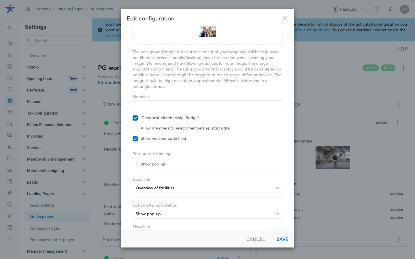 Edit configuration dialog of the Memberships page with the option Allow members to select membership start date