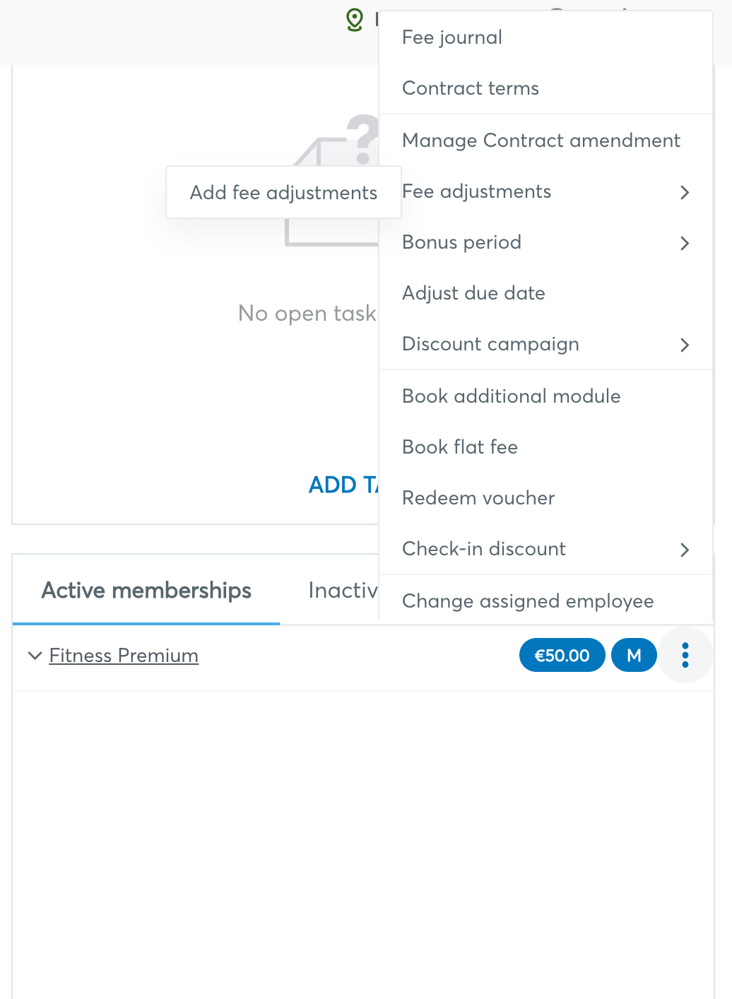 Context menu of a membership with the Fee adjustments submenu