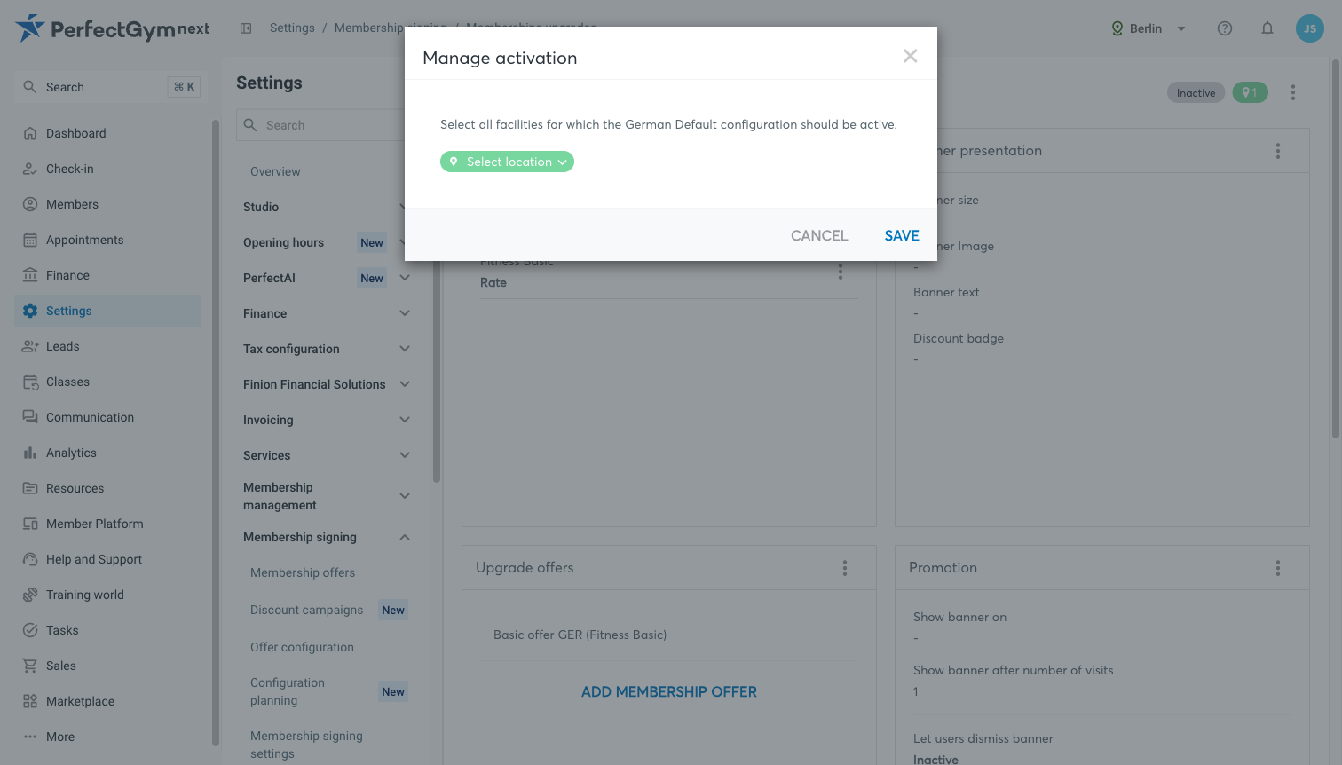 Manage activation dialog with the facility selection