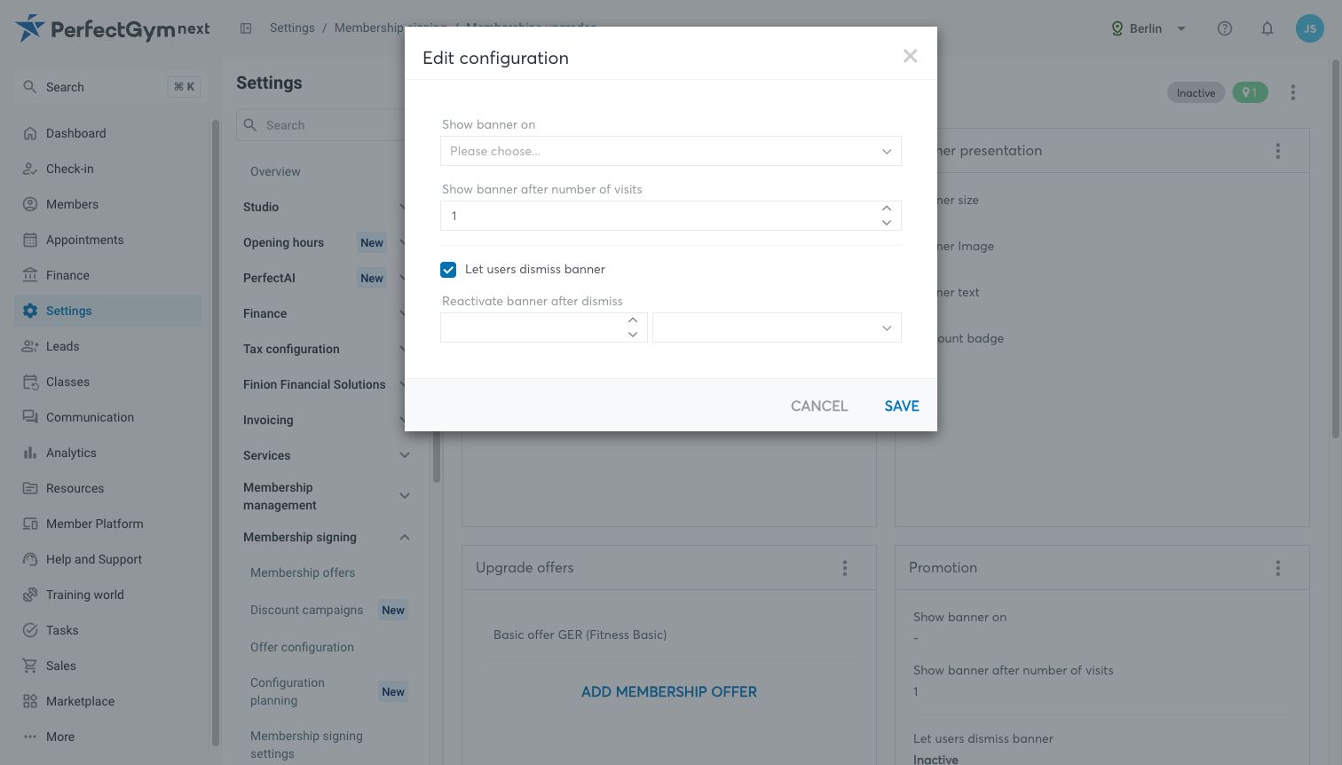 Cuadro de diálogo Editar la configuración del recuadro Promoción con la casilla para descartar el banner marcada y el campo de reactivación visible