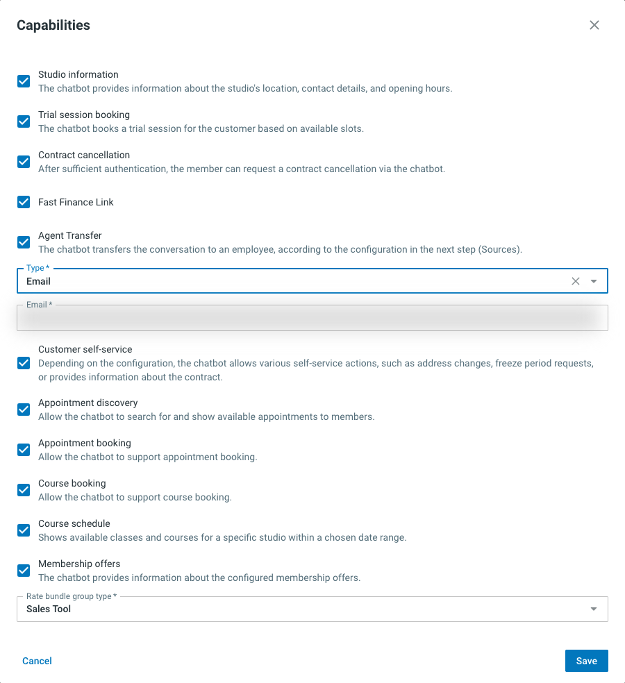 Diálogo de capacidades con el traspaso humano activado y el tipo HubSpot, con los campos de token de acceso, ID del pipeline e ID de la etapa