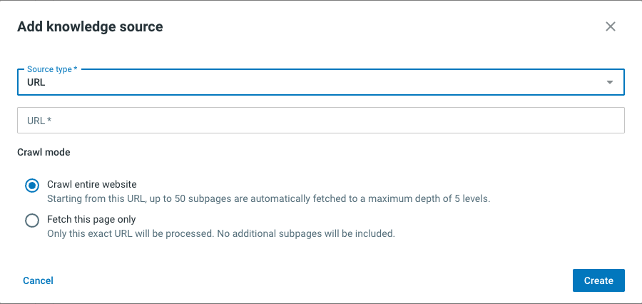 Diálogo para añadir una fuente de tipo URL con los dos modos de rastreo