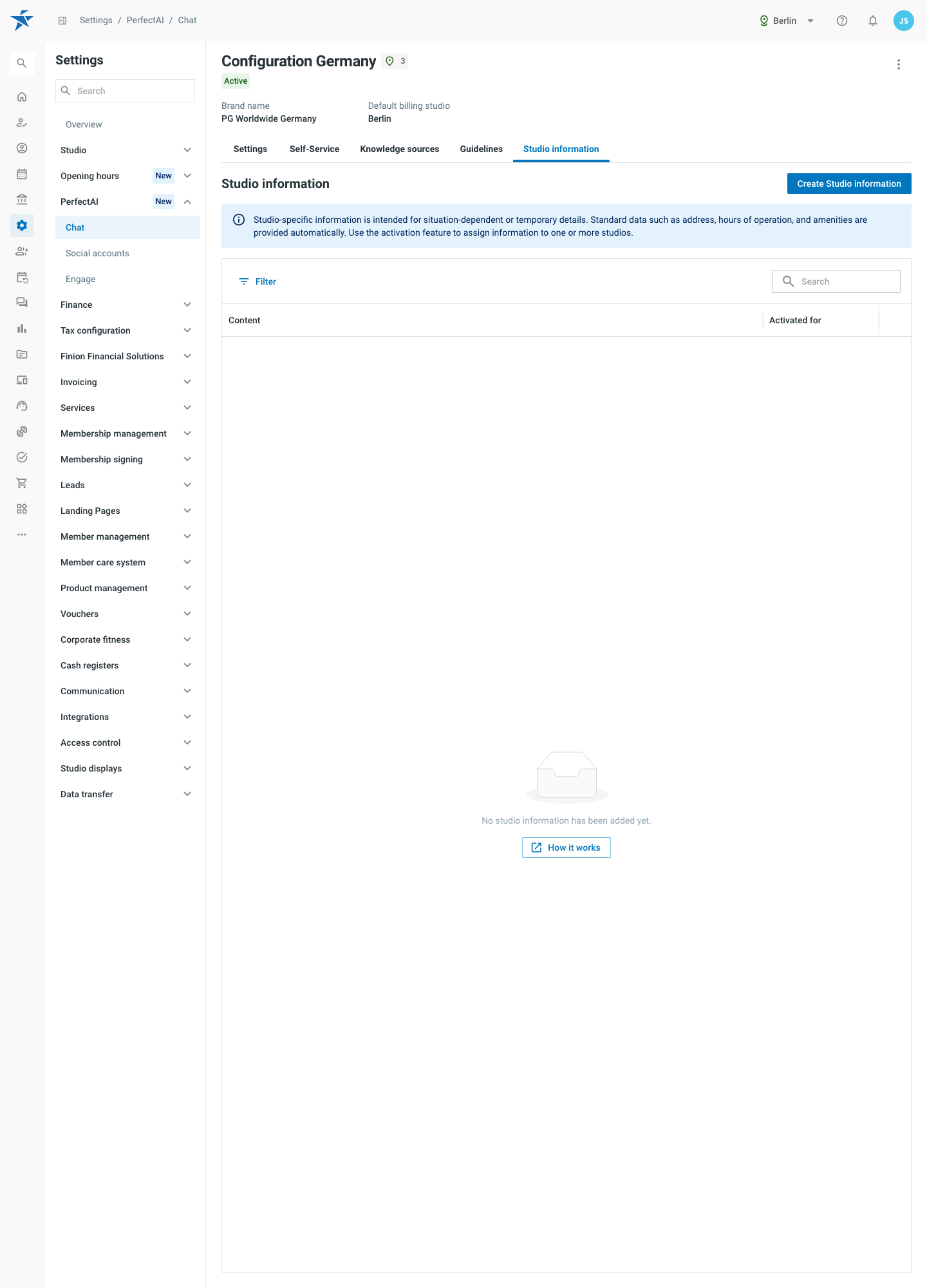 Pestaña de información sobre el estudio con las columnas contenido y activado para