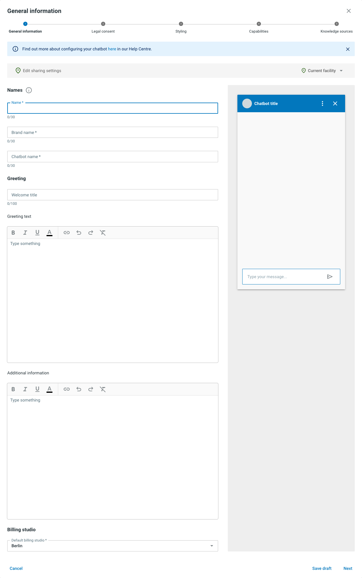 Diálogo para crear una configuración de chat, paso 1 Información básica