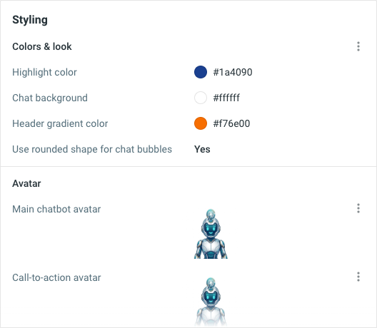 Sección de aspecto con los colores, la forma de las burbujas, los dos avatares y la vista previa del widget
