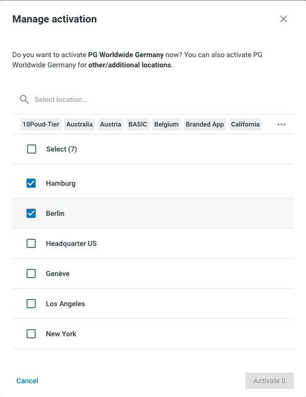 Diálogo Gestionar la activación con el selector de ubicaciones y el botón de activación