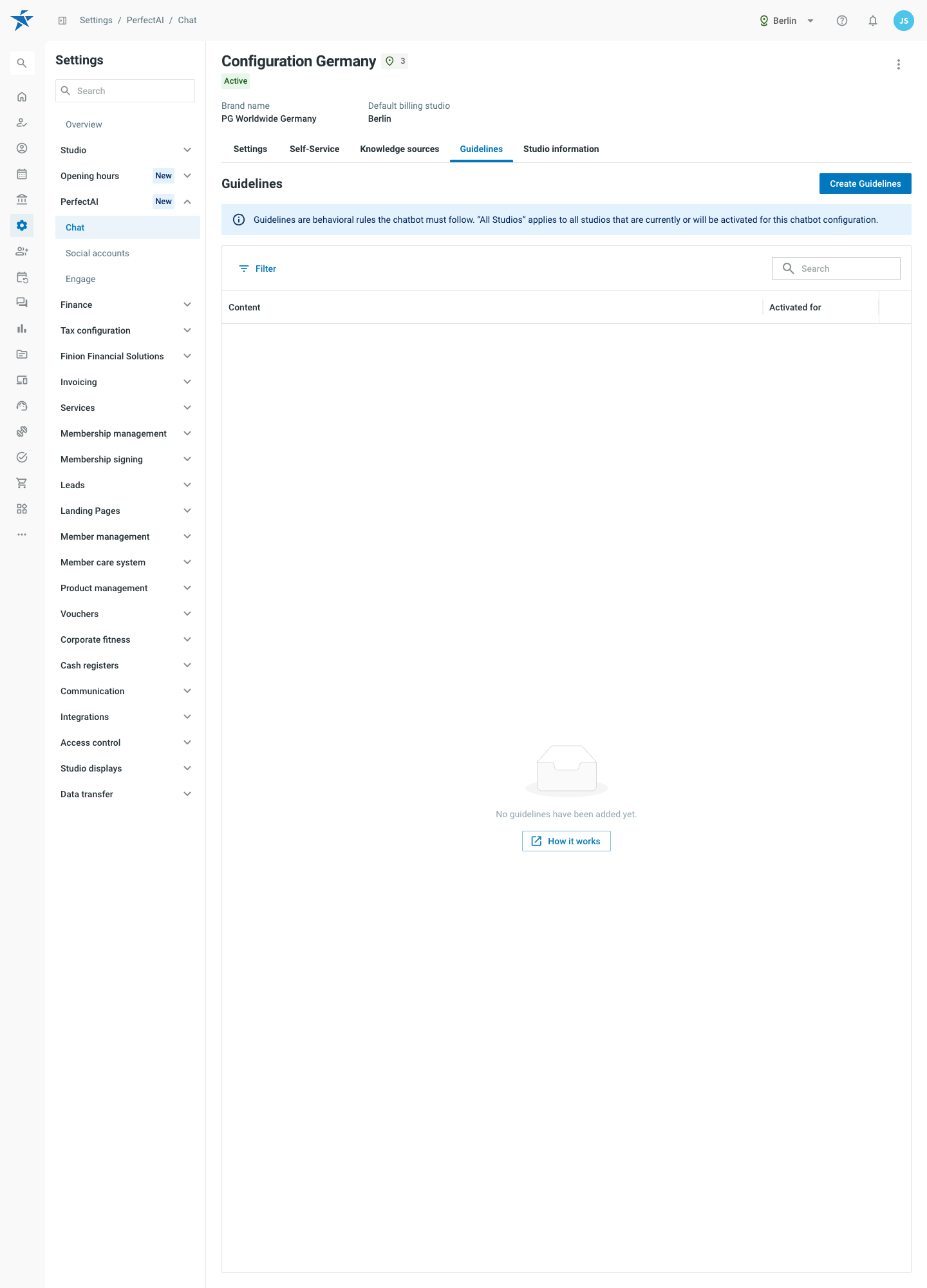 Guidelines tab of a chat configuration.