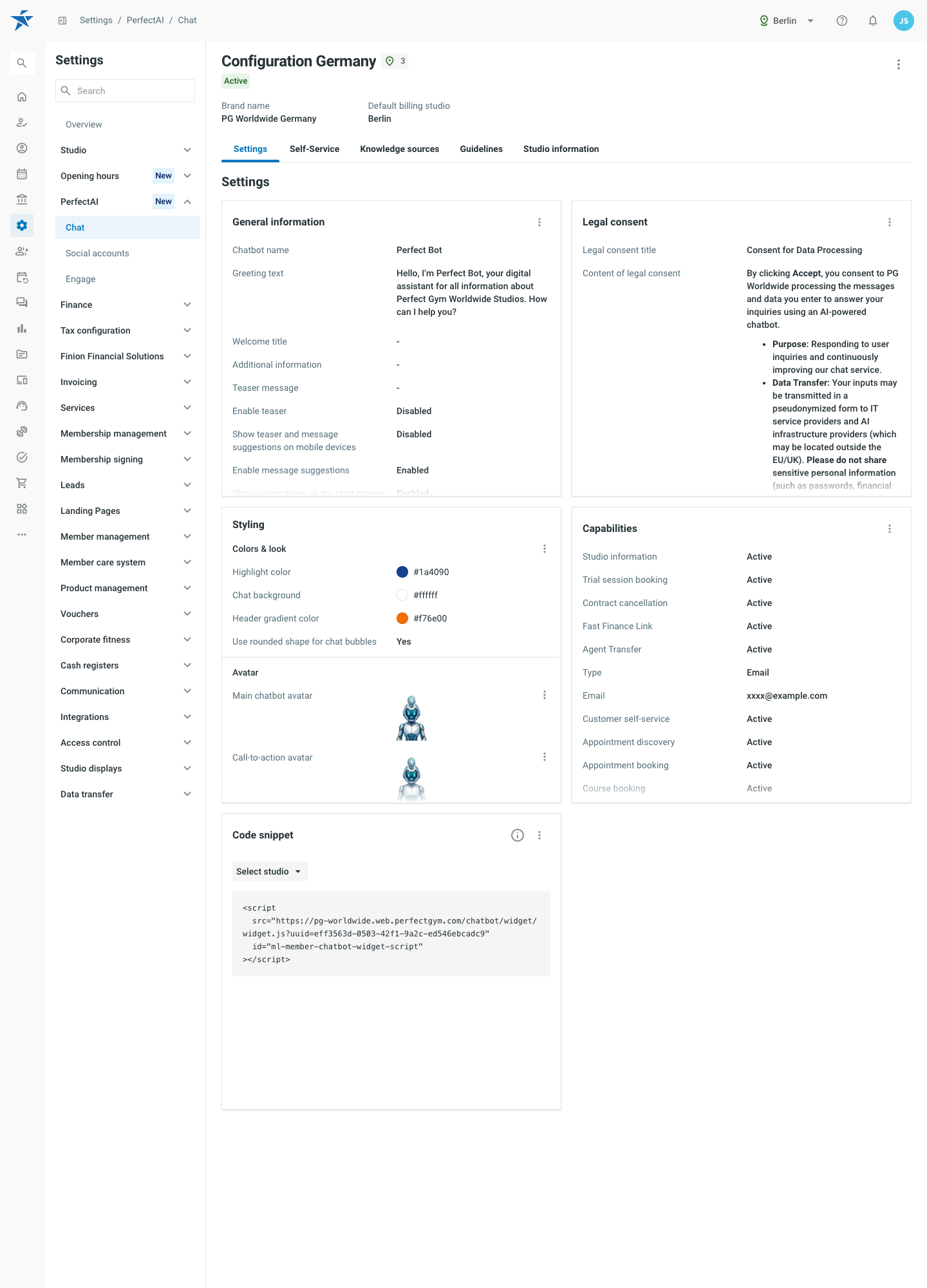 Detail page of a chat configuration with the Settings tab open.