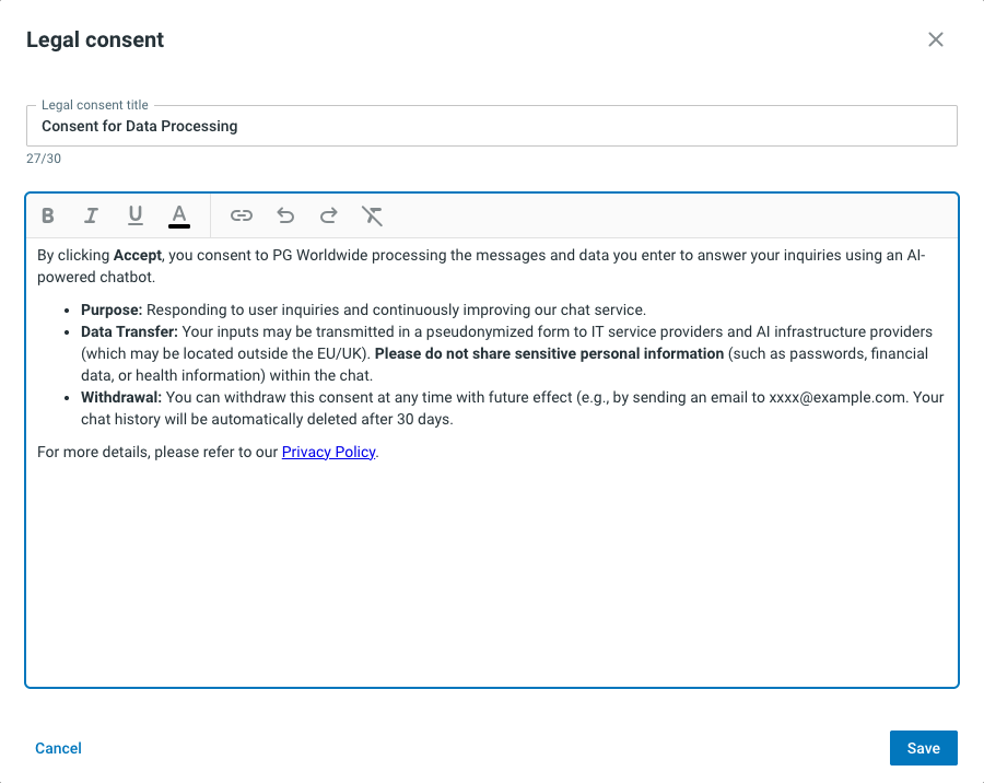 Edit dialog for the legal consent with title and content.