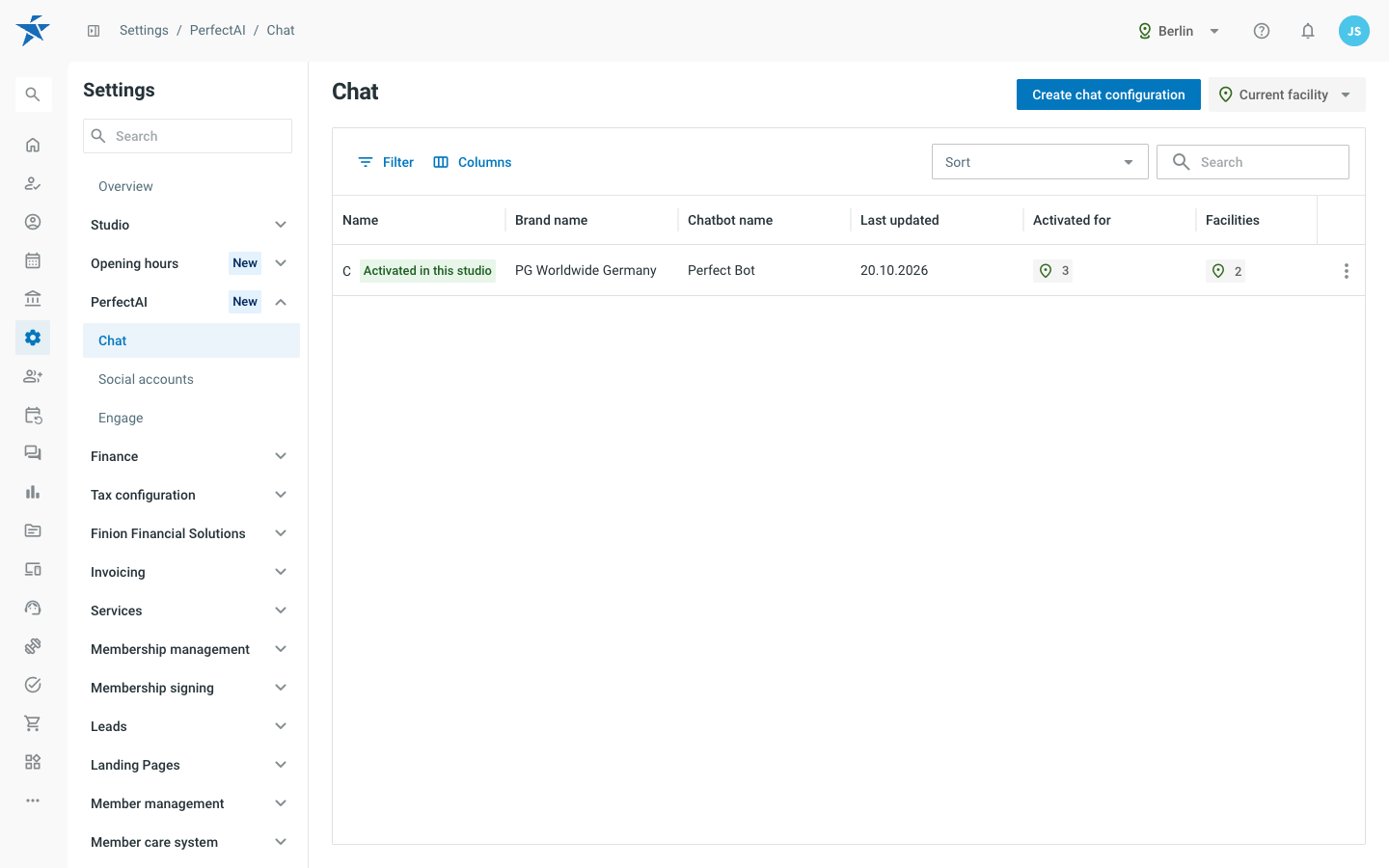 Chat overview with the list of chat configurations and the columns Name, Brand name, Chatbot name, Last updated, Activated for and Facilities.