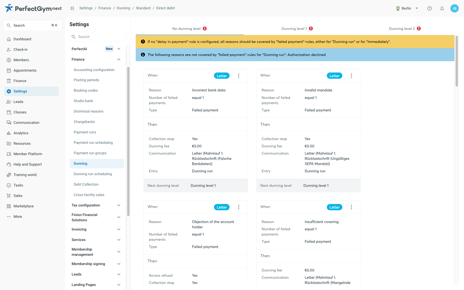 Configuración de reclamación en los ajustes con niveles de reclamación y sus reglas Cuando / Entonces