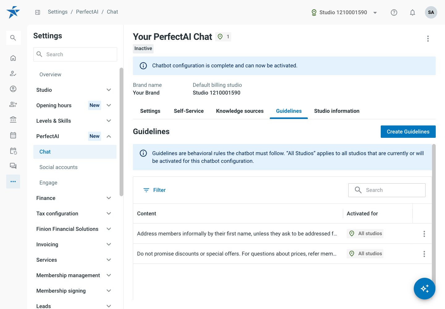 Guidelines tab of a chat configuration with two guidelines.