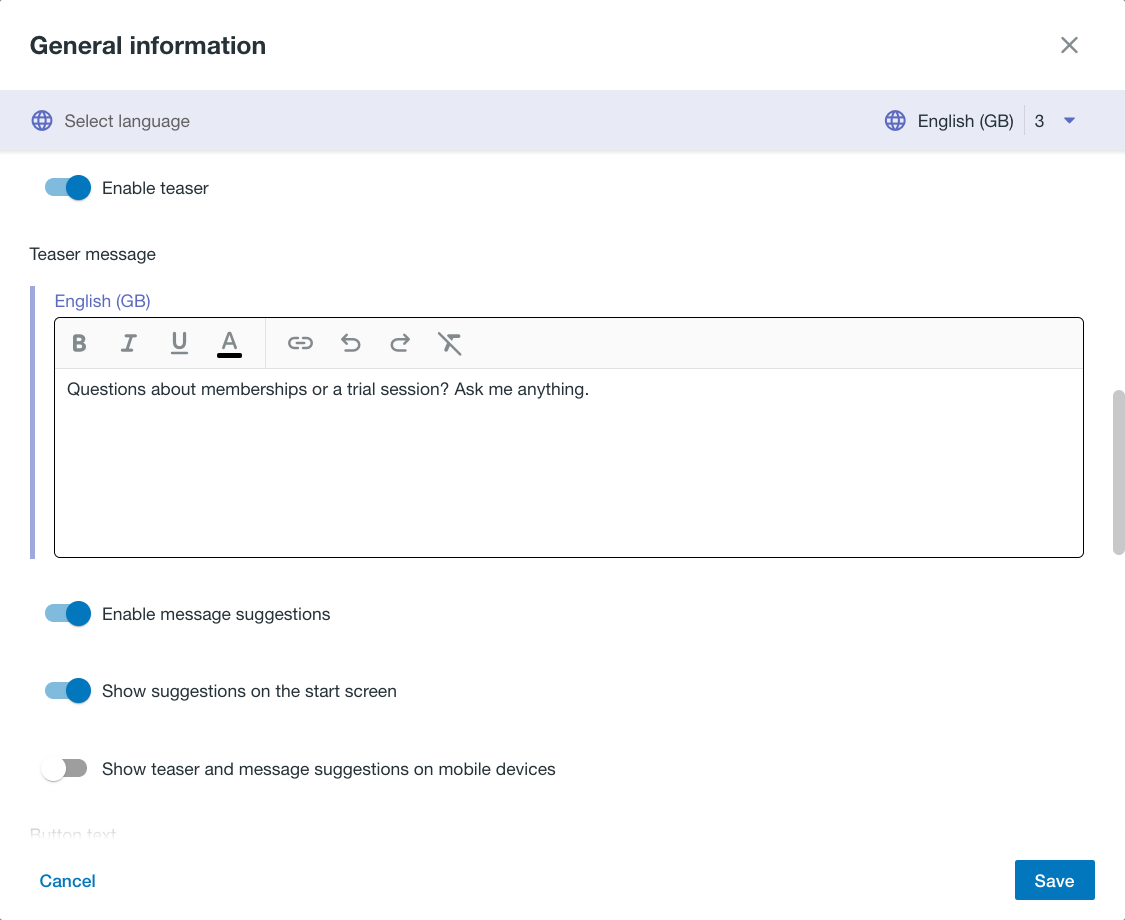 General information dialog with Enable teaser switched on and a teaser message.