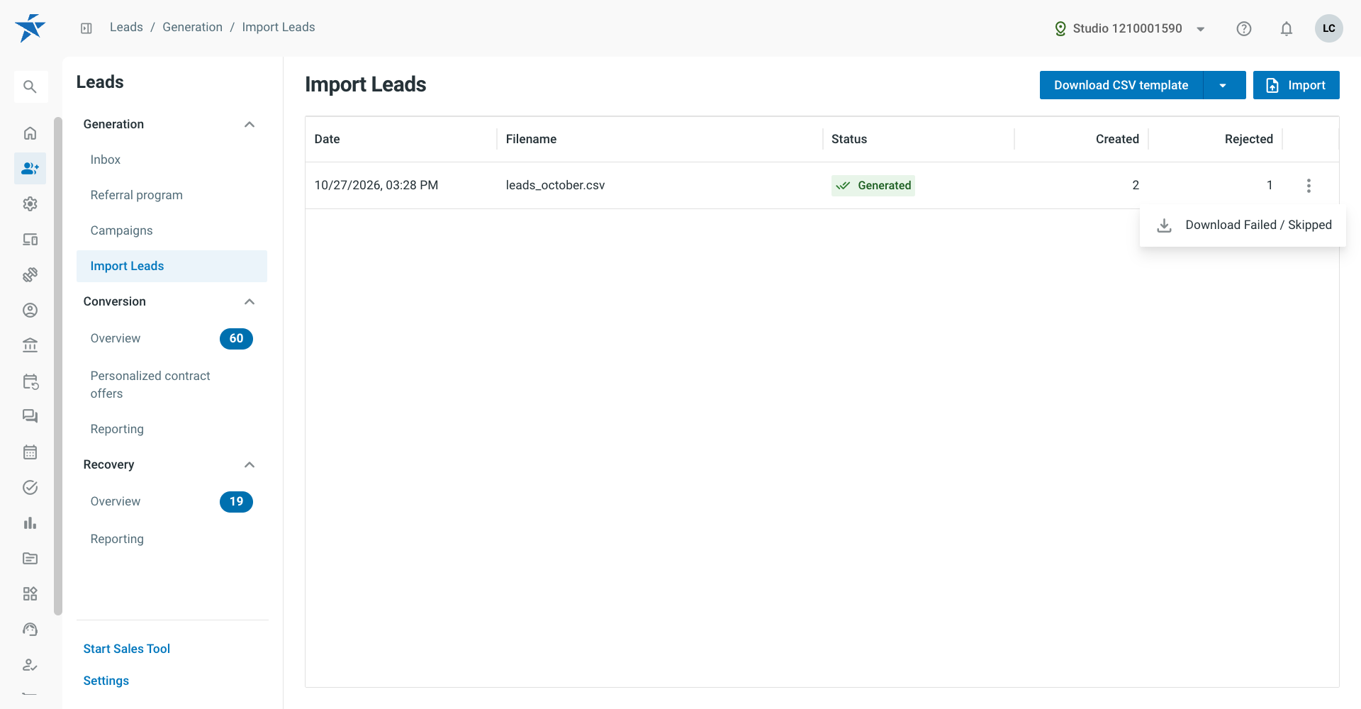 Row menu of an import with the option to download failed and skipped rows.