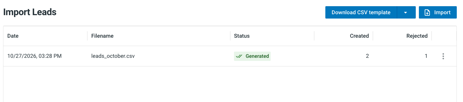 Import history with a completed import, 2 leads created and 1 row rejected.