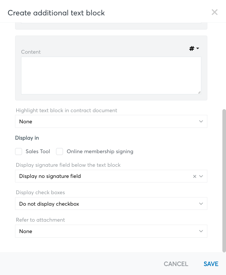 Diálogo para crear un bloque de texto adicional con el campo para remitir a un anexo.