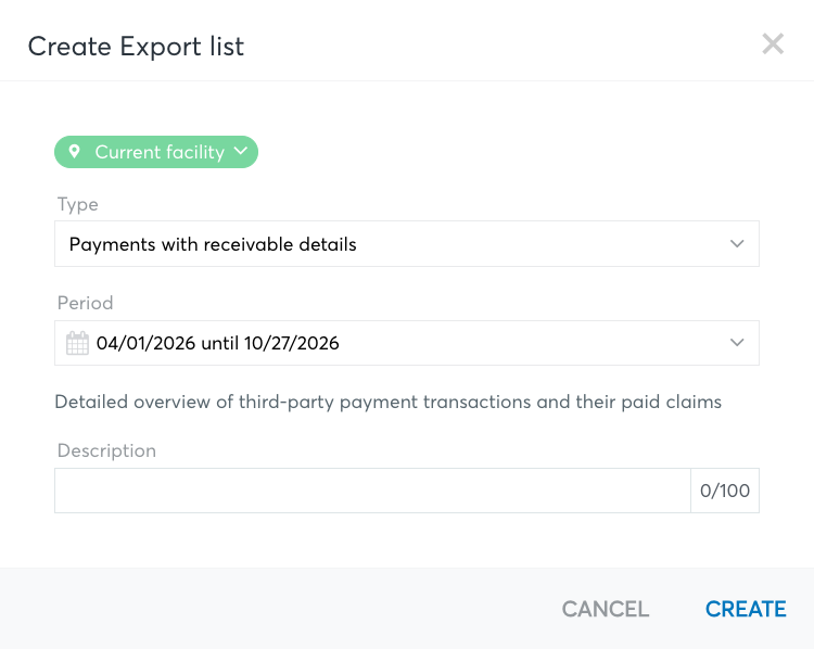 Diálogo para crear una lista de exportación con el tipo de pagos con detalles de cuentas por cobrar y un período.