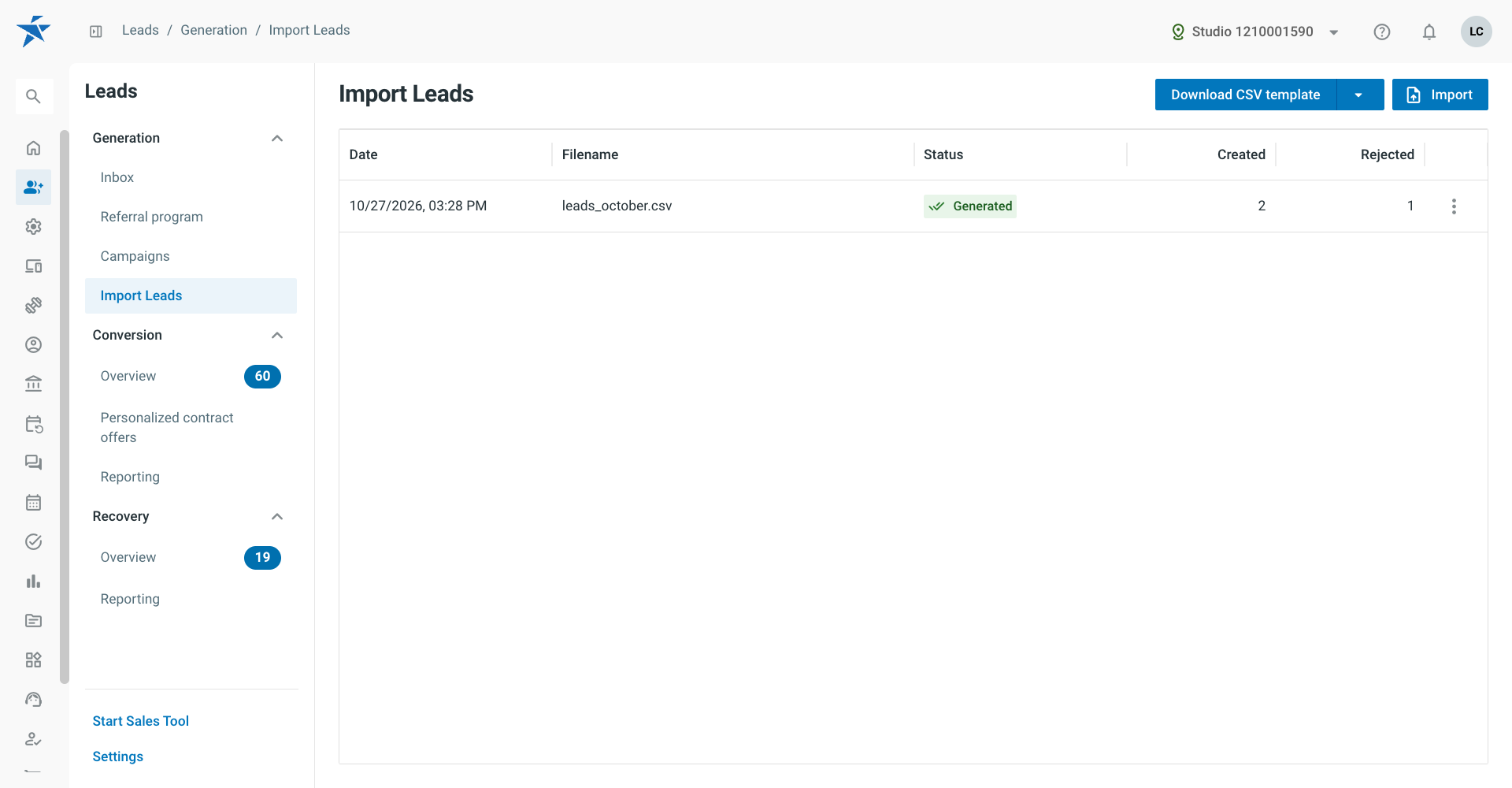 Lead import page with the template buttons, the Import button and the import history.