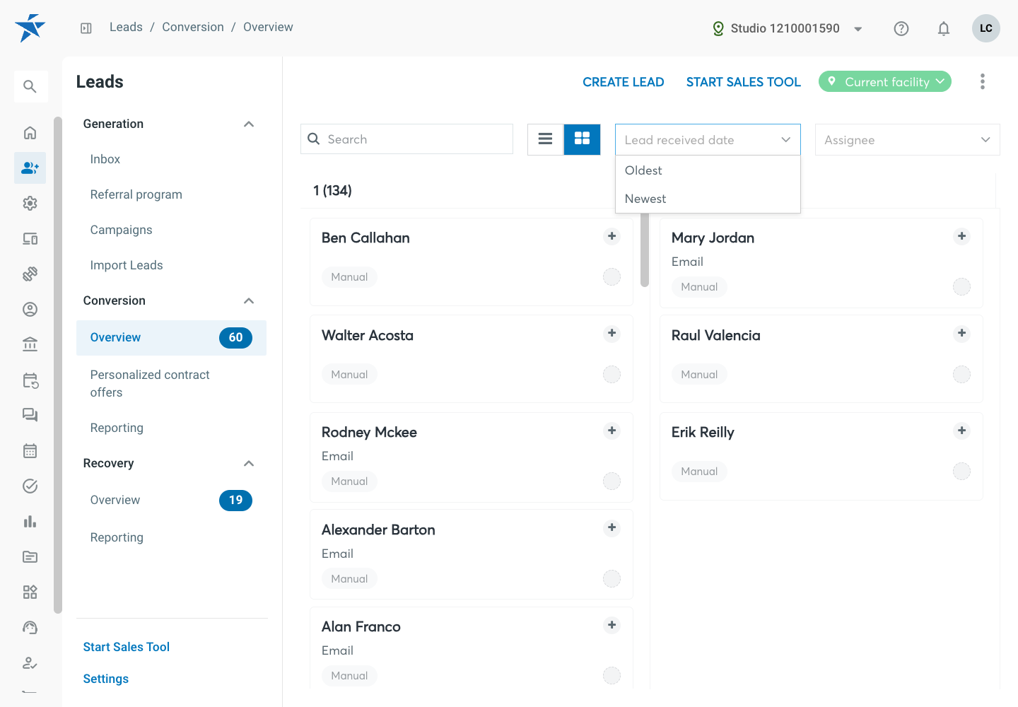 Conversion overview in card view with the Lead received date drop-down open.