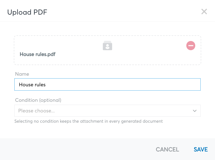 Upload PDF dialog with a selected file, the name and the Condition (optional) field.