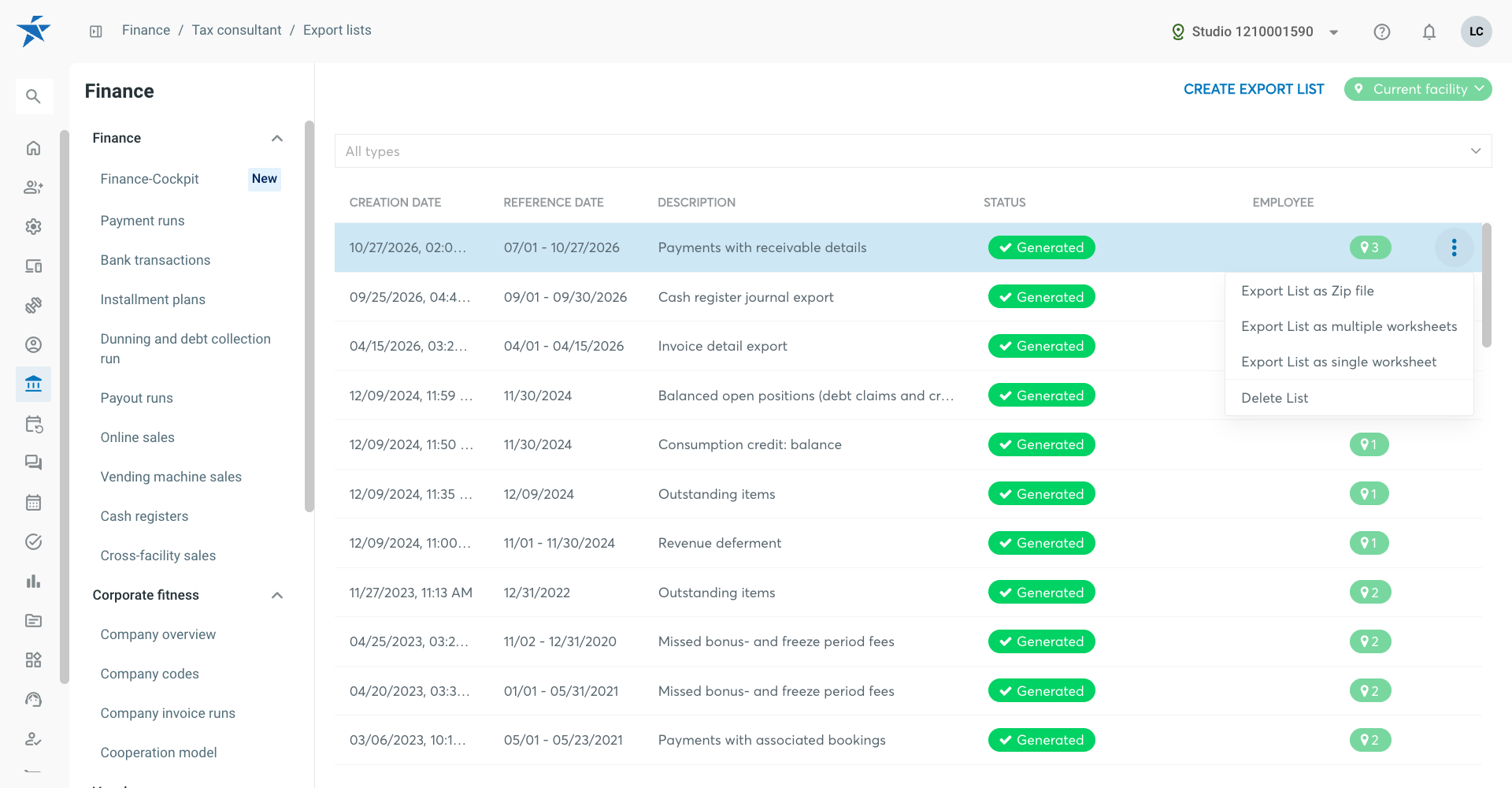 Export lists page with the row menu of a finished export open.