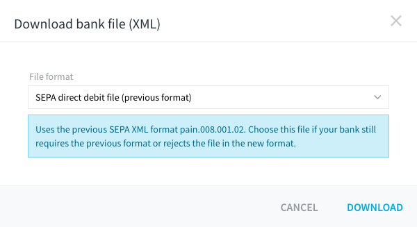 Diálogo Descargar archivo bancario (XML) con el formato anterior seleccionado y su indicación.